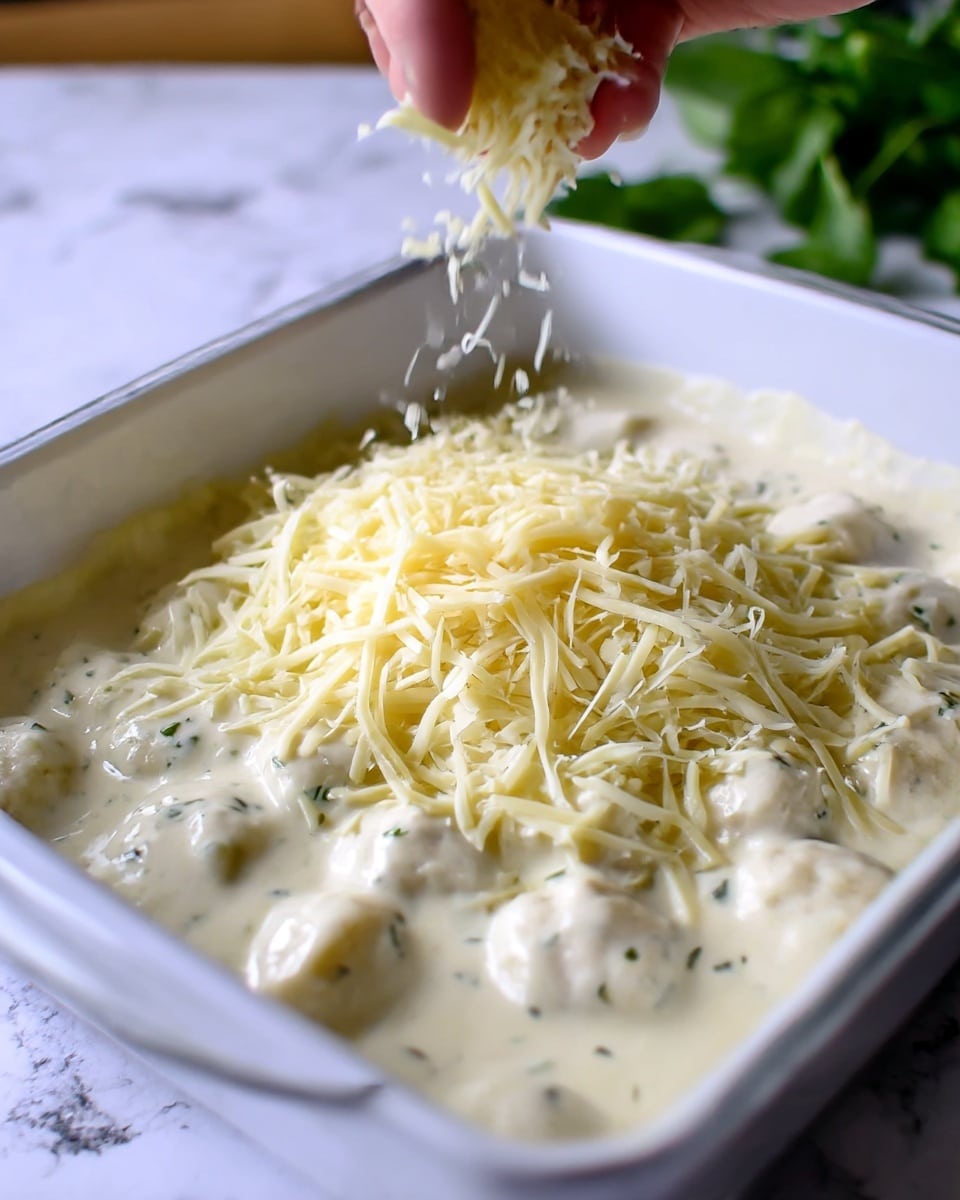 A close-up view of a white square baking dish filled with thick creamy white sauce mixed with small green herbs and round dumplings or dough balls submerged in the sauce. On top, there is a generous layer of shredded pale yellow cheese being sprinkled by a woman's hand above the dish. The sauce looks smooth and rich, covering the dumplings evenly, with the cheese strands spread loosely over the surface. The background surface has a white marbled texture and blurred green leaves in the corner. Photo taken with an iphone --ar 4:5 --v 7