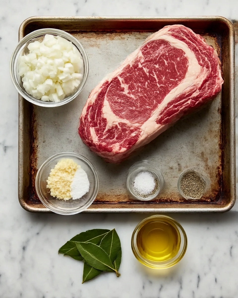A large raw steak with a mix of dark red and light pink marbling lies on a rectangular metal tray that shows signs of use and age. Next to it on a white marbled surface are five small bowls and leaves: a transparent bowl filled with chopped white onions, a tiny bowl with crushed light yellow garlic, another tiny bowl with white salt crystals, a tiny bowl with black pepper, and a transparent bowl with light yellow oil. Two green bay leaves rest on the surface near the bowls. The photo taken with an iphone --ar 4:5 --v 7