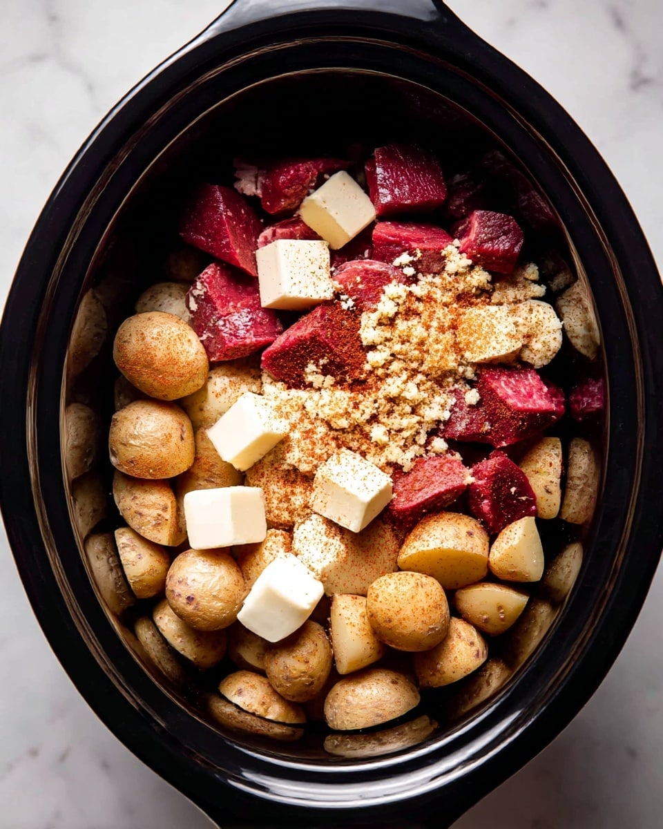 The image shows a black slow cooker filled with layers of uncooked ingredients. The bottom layer has small light brown potatoes with a rough texture. On top of the potatoes are small cubes of white butter evenly spread. Above this, there are deep red pieces of raw meat scattered across the slow cooker. Over the meat and potatoes, small granules of light tan minced garlic are sprinkled. The ingredients have a light coating of reddish seasoning powder, adding a rich contrast to the colors. The slow cooker sits on a white marbled surface. Photo taken with an iphone --ar 4:5 --v 7