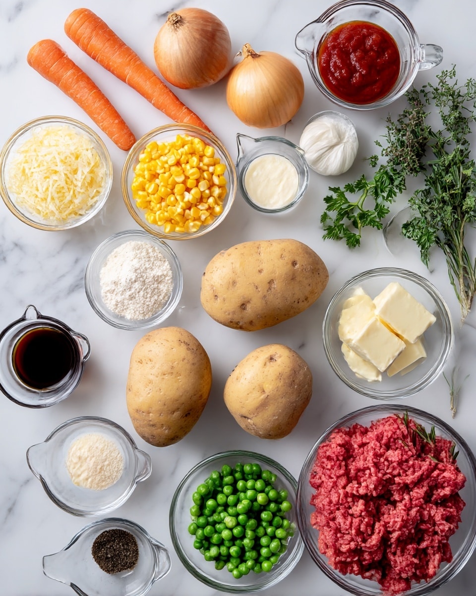 The image shows different ingredients spread out on a white marbled surface. There are three whole light brown potatoes placed in the center. To the left, two whole orange carrots and one whole light brown onion are visible. Around the potatoes are small clear bowls containing yellow corn kernels, white shredded cheese, red tomato paste, white flour, three cloves of garlic, butter cubes, green peas, and a small bowl with ground black pepper. There are three small clear measuring cups with dark liquid, white cream, and a lighter liquid. Fresh green herbs like parsley, rosemary, and thyme lie at the top right. Finally, a clear bowl with raw red ground meat is near the bottom left. Photo taken with an iphone --ar 4:5 --v 7