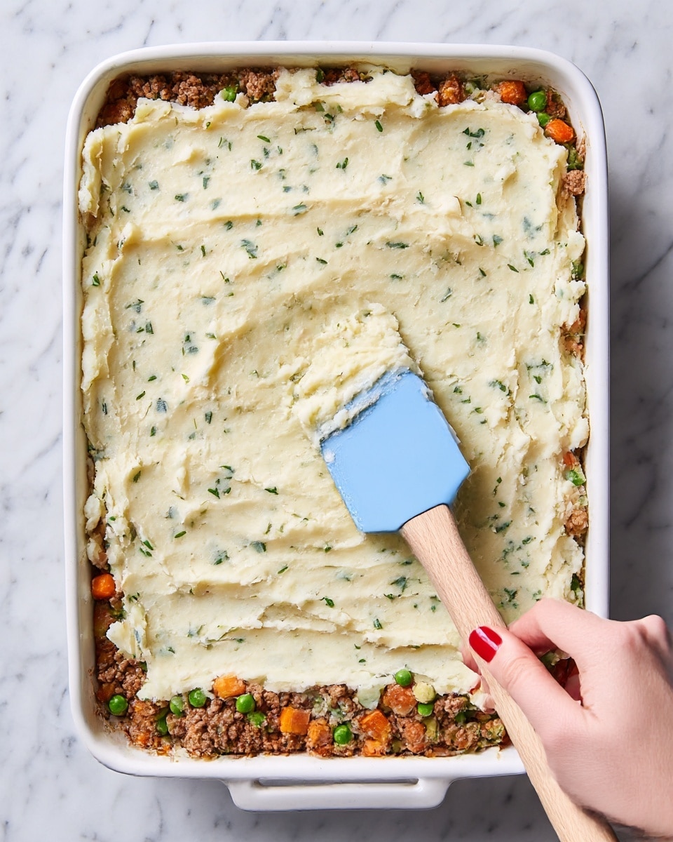 The image shows a white rectangular baking dish filled with two layers of food. The bottom layer is brown ground meat mixed with small pieces of orange carrots and green peas, visible around the edges. The top layer is light creamy mashed potatoes with small green herb bits spread unevenly across the surface. A blue spatula with a wooden handle is spreading the mashed potatoes over the meat layer, held by a woman's hand with red nail polish. The dish sits on a white marbled surface. Photo taken with an iphone --ar 4:5 --v 7