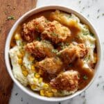 Mashed Potato Bowl with Chicken Nuggets, Corn, Cheddar and Mozzarella Cheese, and Brown Gravy Recipe
