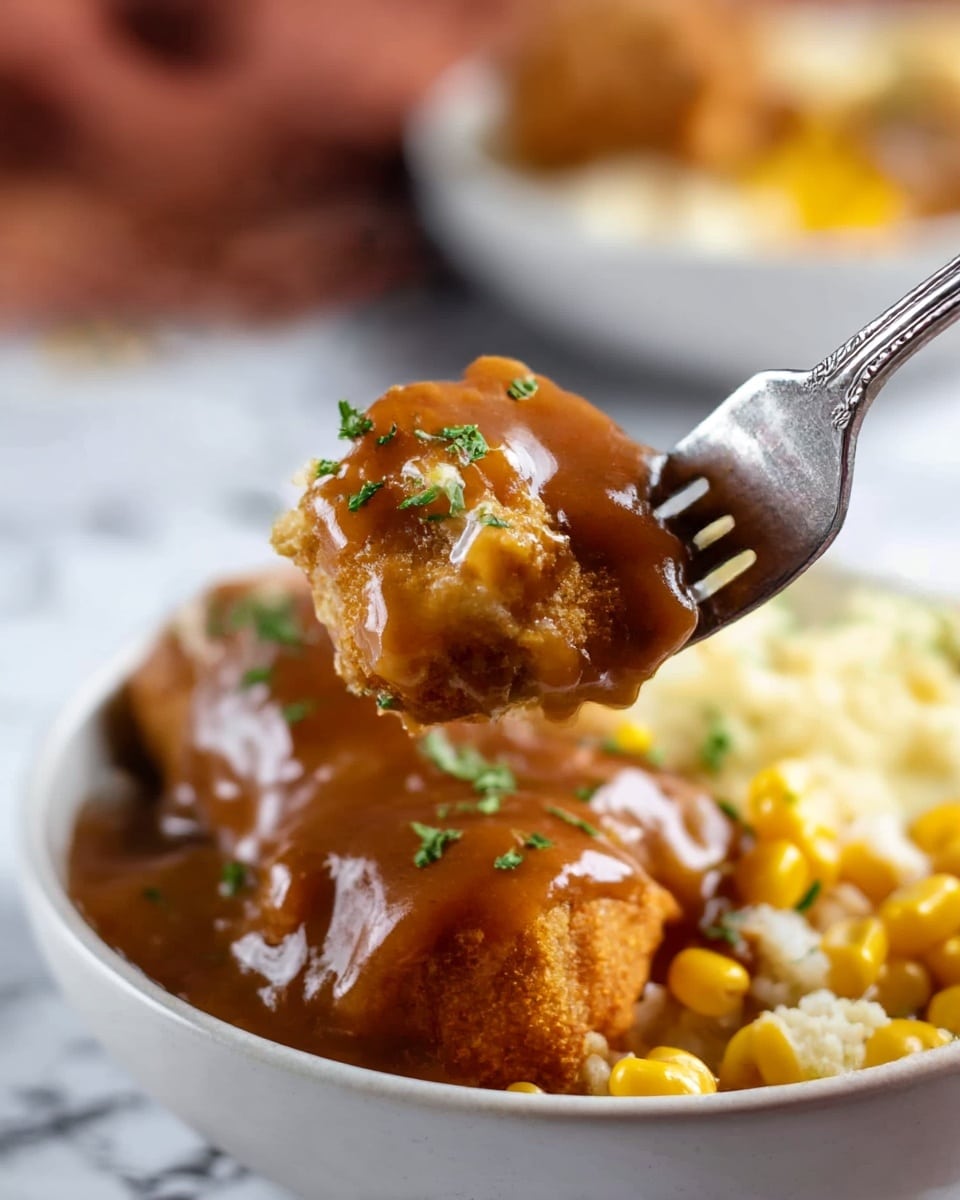 A fork holds a piece of brown fried food covered with smooth brown sauce with bits of corn and white rice beneath it in a white bowl. The food and sauce look shiny, and some green herbs are sprinkled on top. There is more corn and rice visible under the brown sauce in the bowl. The background has a soft focus with another bowl visible. The surface is a white marbled texture. photo taken with an iphone --ar 4:5 --v 7