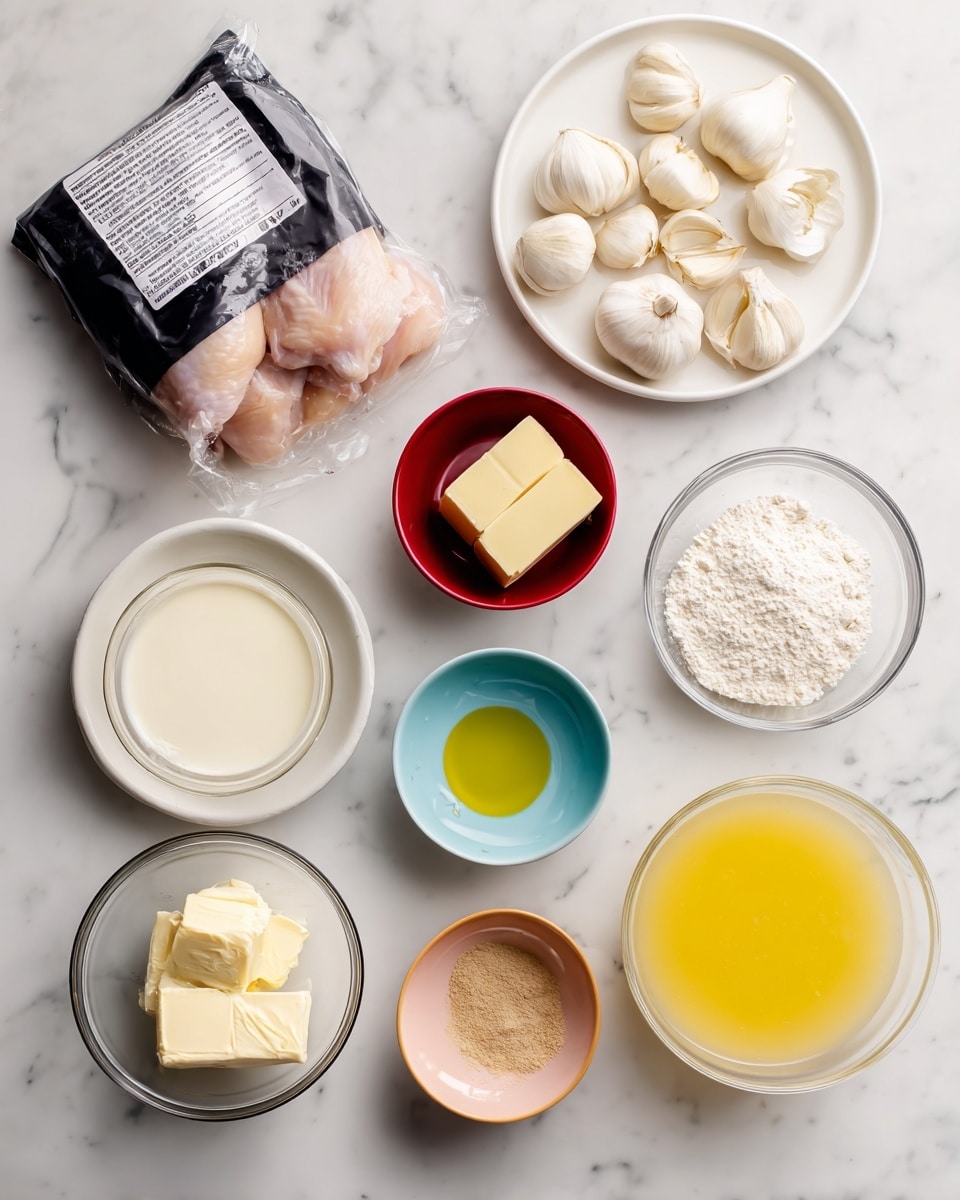 A top-down view of various cooking ingredients placed on a white marbled surface, each in separate small white bowls or clear measuring cups. The set includes a package of raw chicken in black plastic wrapping with a label, a white plate with peeled garlic cloves, a small white bowl filled with white flour, a small dark red bowl with two pieces of light yellow butter, a clear measuring cup with white heavy cream, another clear measuring cup with yellow chicken broth, a tiny blue bowl with lemon juice, a tiny pink bowl with olive oil, and a small orange bowl containing light brown garlic powder. Each ingredient is neatly spaced, clearly visible, and labeled. photo taken with an iphone --ar 4:5 --v 7