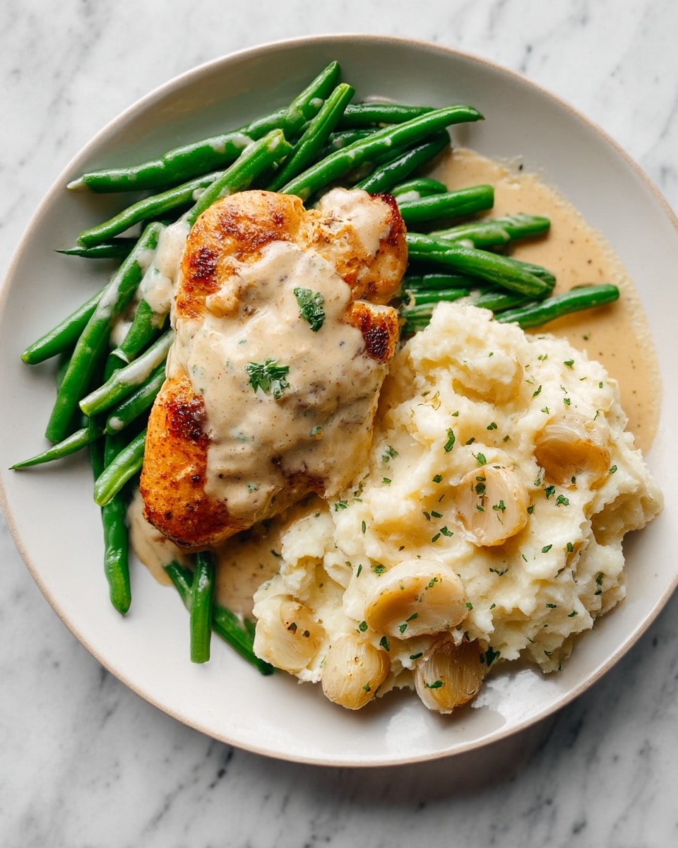 A white plate displays a meal with three main parts. On the left side, there is a pile of bright green beans topped with a light creamy sauce that has some texture and small green bits. Next to the beans, a golden brown grilled chicken piece is covered in a thick creamy sauce with a slightly lumpy texture and a few green herb bits visible on top. On the right side of the plate, there is a generous scoop of mashed potatoes with a smooth, creamy texture dotted with multiple whole roasted garlic cloves, black pepper, and small green herb sprinkles. All food sits on a white marbled surface. photo taken with an iphone --ar 4:5 --v 7