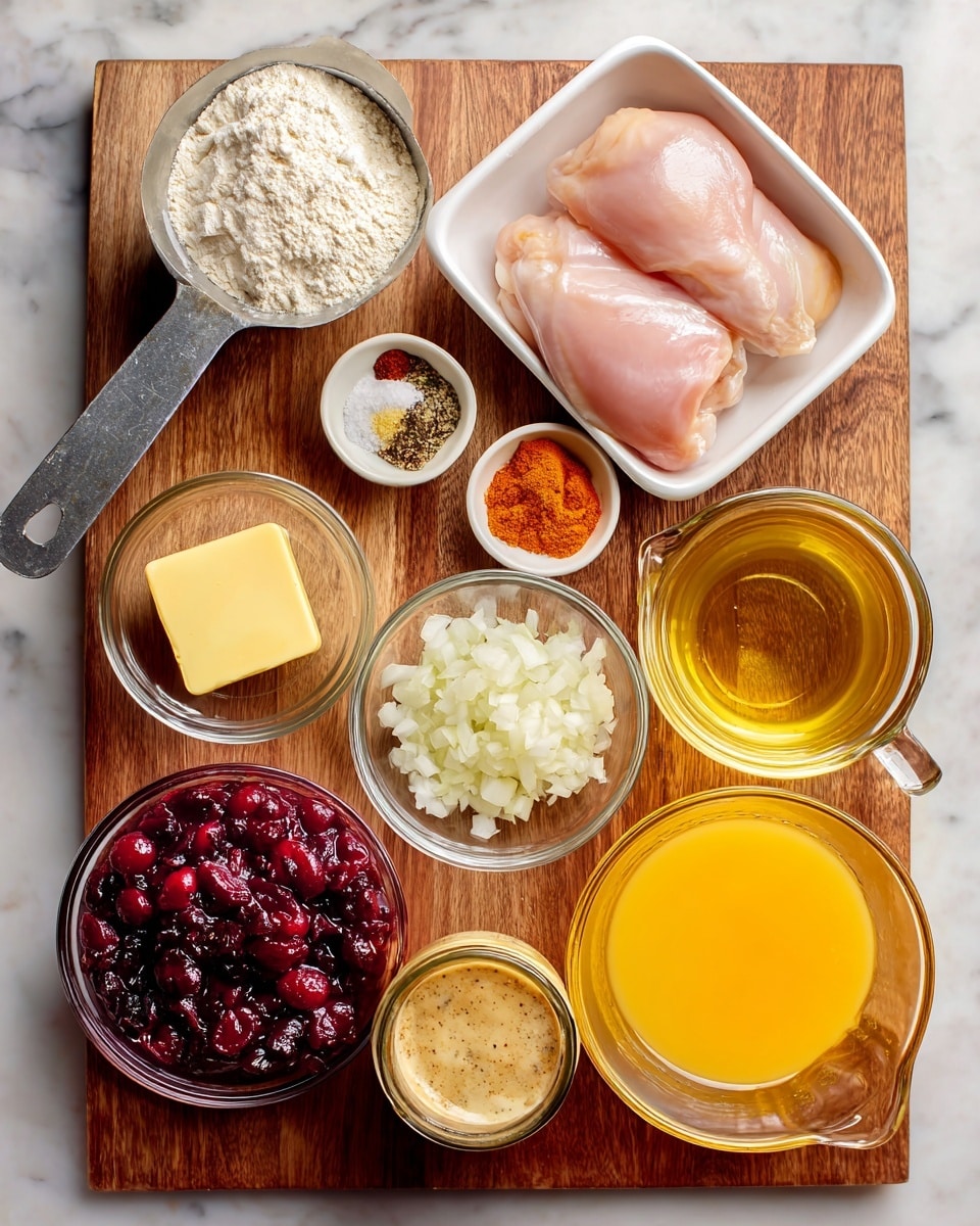 A wooden board on a white marbled surface holds various cooking ingredients neatly arranged: a white container with two pale pink raw skinless chicken pieces on the top right, a small glass bowl with bright orange paprika powder near the bottom left, a small glass bowl with a yellow square of butter beside a metal cup of light yellow olive oil above it, a clear glass measuring cup filled with bright orange juice at the bottom right, a small glass bowl of light brown seasoned salt near the top left, a clear glass bowl of finely chopped white sweet onion in the center, a small clear bowl of minced white garlic near the bottom left, a white bowl filled with dark red cranberry sauce below the onion bowl, a metal measuring spoon filled with white flour at the top left, and a jar of golden chicken bouillon paste with a lid placed near the middle right. photo taken with an iphone --ar 4:5 --v 7