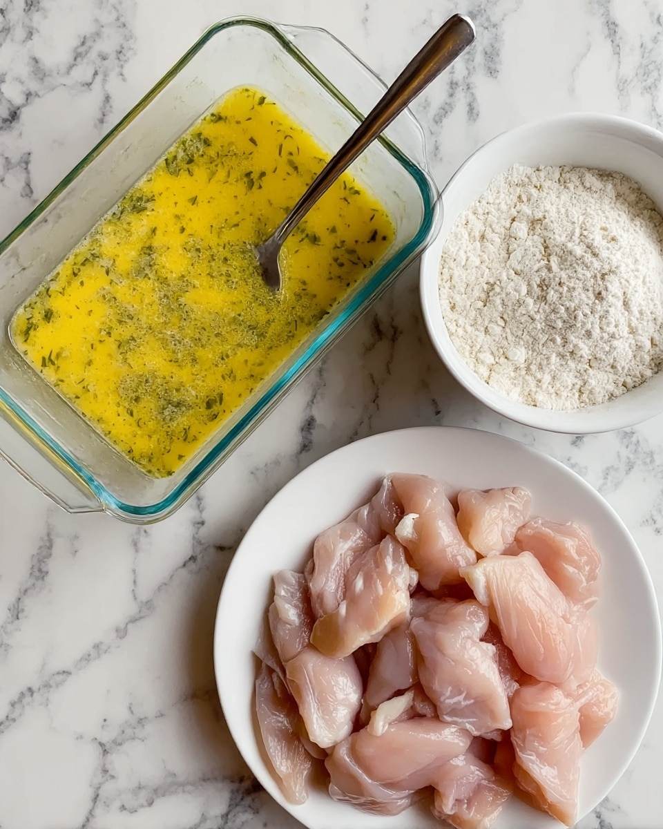 The image shows three containers on a white marbled surface. On the left, there is a clear glass rectangular dish with beaten egg mixture, yellow in color with visible green herbs, and a fork resting inside it. To the right, there is a white bowl filled with white flour. Below the bowl, a white plate is full of small, raw, pink pieces of chicken arranged loosely. Photo taken with an iphone --ar 4:5 --v 7