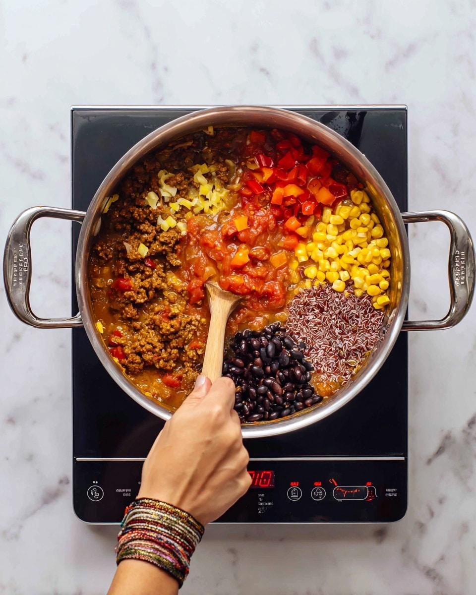 A large silver pot with two handles is on a black electric stove with red digital numbers, set on a white marbled surface. Inside the pot, there is a cooking mixture that changes through six stages: first picture shows small yellow onion pieces being stirred with a wooden spoon by a woman's hand wearing a patterned bracelet, the second adds browned ground meat with the onions, the third adds diced red and yellow bell peppers to the meat, the fourth shows the mixture being stirred with the wooden spoon, the fifth has black beans, corn, red tomato sauce, and brown grains added in clear sections on top of the cooked vegetables and meat, and the sixth image shows everything mixed into a colorful thick stew with a woman's hand stirring with a wooden spoon. Photo taken with an iphone --ar 4:5 --v 7