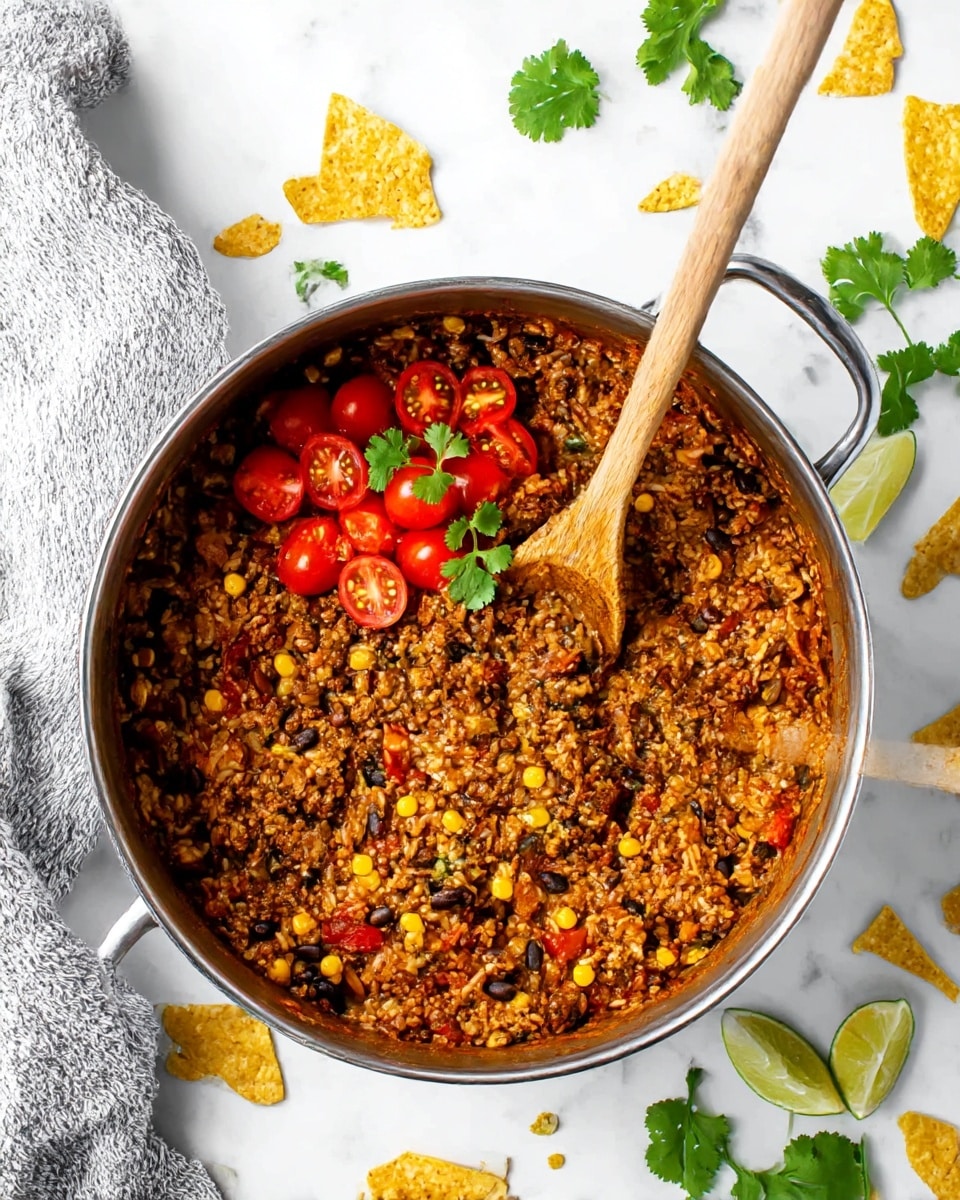 A large silver pot filled with a thick, colorful dish made of ground meat mixed with rice, black beans, corn, and chopped red and yellow bell peppers, creating a rich brown, yellow, red, and black texture. On top, there is a cluster of bright red halved cherry tomatoes and a small sprig of green cilantro, adding fresh color. A wooden spoon is digging into the pot from the right side. The pot rests on a white marbled surface scattered with lime wedges, broken yellow tortilla chips, and green cilantro leaves, accompanied by a soft grey textured cloth to the left. Photo taken with an iphone --ar 4:5 --v 7