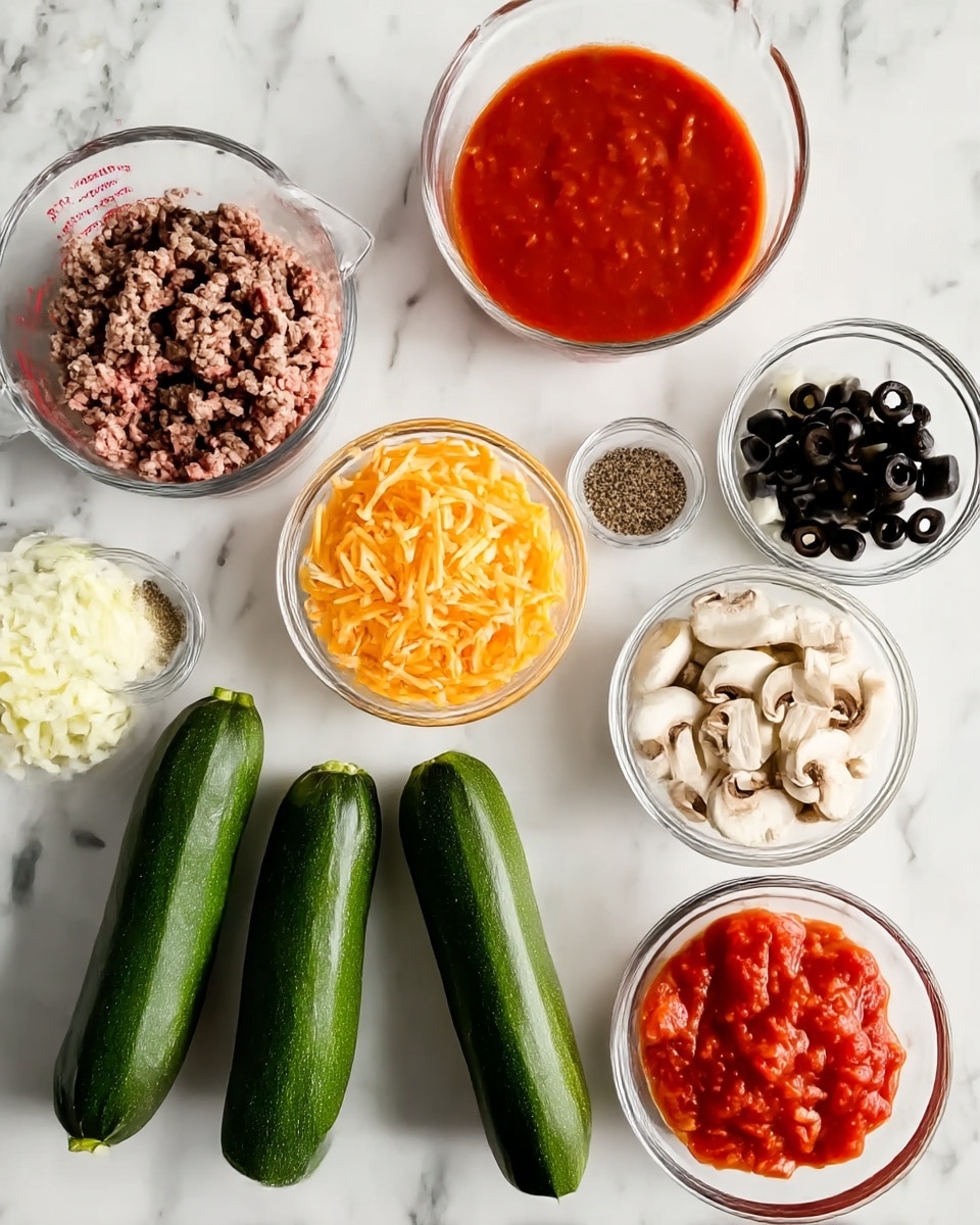 A close-up view of a large round light blue cooking pot filled with cooked ground meat mixed with sliced green zucchini, brown mushrooms, black olives, and small chunks of red tomatoes. The mixture is topped with a small layer of shredded yellow cheese that is beginning to melt. A wooden spoon with a long handle is resting inside the pot, touching the food. The pot is placed on a white marbled surface photo taken with an iphone --ar 4:5 --v 7