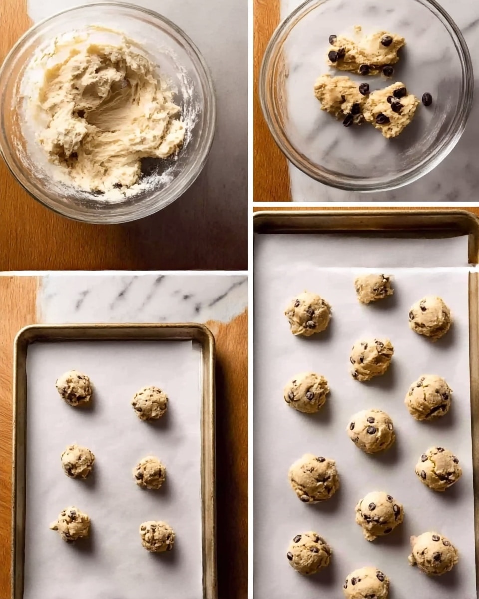 The image shows a step-by-step process of making cookie dough, displayed in six sections. The first two sections show a mixing bowl with a light cream-colored, fluffy dough with a soft texture. In the third section, dark chocolate chips are folded into the dough, adding small black spots. The last three sections show a white baking tray lined with parchment paper on a white marbled surface. Small, round cookie dough balls, with a creamy beige color and dotted with dark chips, are placed in rows across the tray, ready to bake. The texture appears smooth but chunky where the chips are. photo taken with an iphone --ar 4:5 --v 7
