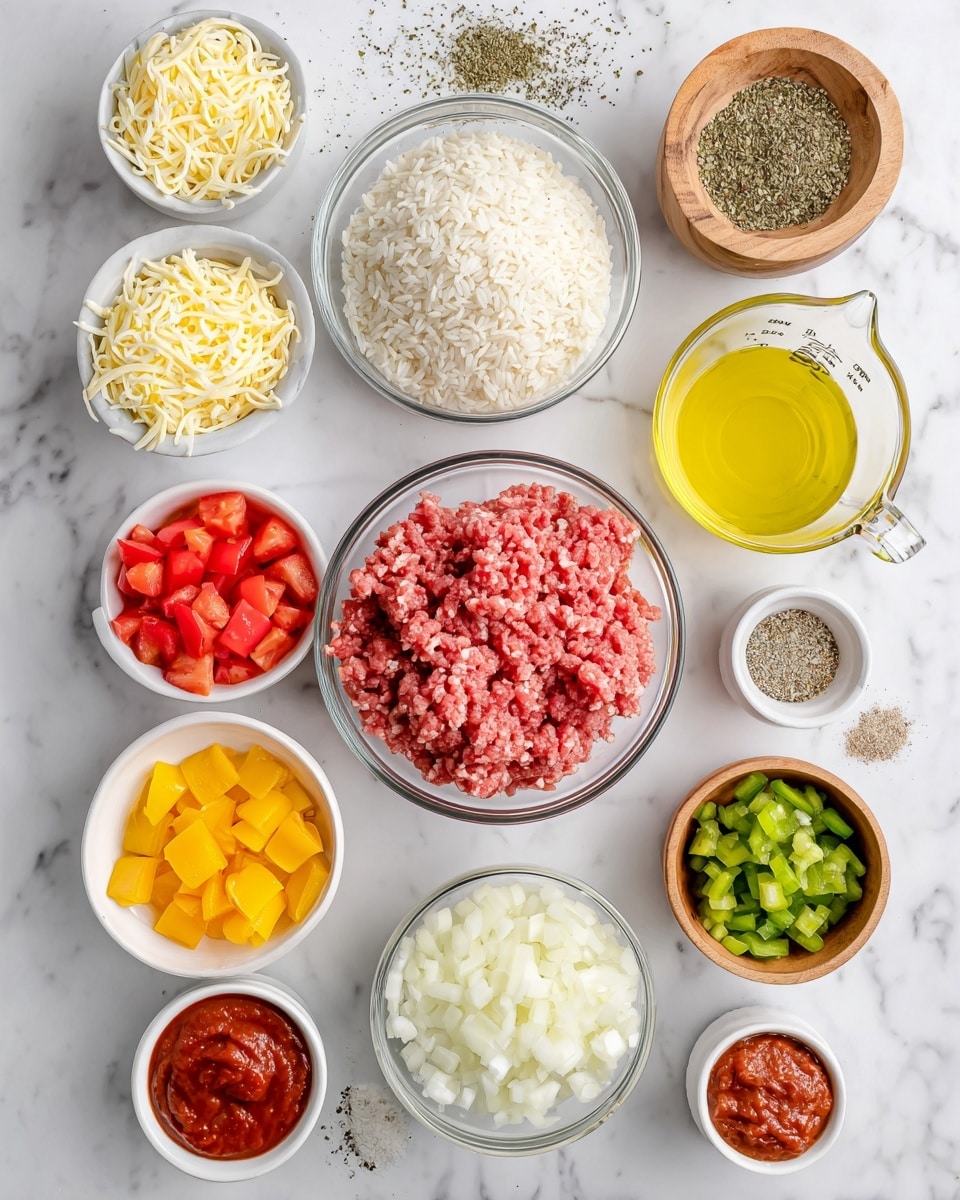 The image shows various ingredients placed on a white marbled surface. In the center at the bottom, there is a clear glass bowl filled with raw ground beef, pink and chunky in texture. Above it, a clear glass bowl holds white uncooked rice, the grains visible and dry. To the top left of the rice, a glass bowl contains shredded pale yellow cheese, soft and stringy. Surrounding these central bowls, there are smaller white bowls and dishes with different ingredients: diced red tomatoes in one, bright yellow diced yellow peppers in another, and diced white onions in a third. One small white dish holds a deep red tomato paste, thick in texture. Next to the ground beef bowl is a small white bowl with light yellow olive oil. Two wooden bowls at the top hold spices: one with dry oregano leaves, and the other with salt and black pepper. Another wooden bowl contains fine light brown garlic powder. On the top right, a clear measuring cup holds yellow chicken broth. Scattered around are small pieces of chopped green peppers in a clear bowl. All items are neatly arranged and labeled with text above them. Photo taken with an iphone --ar 4:5 --v 7
