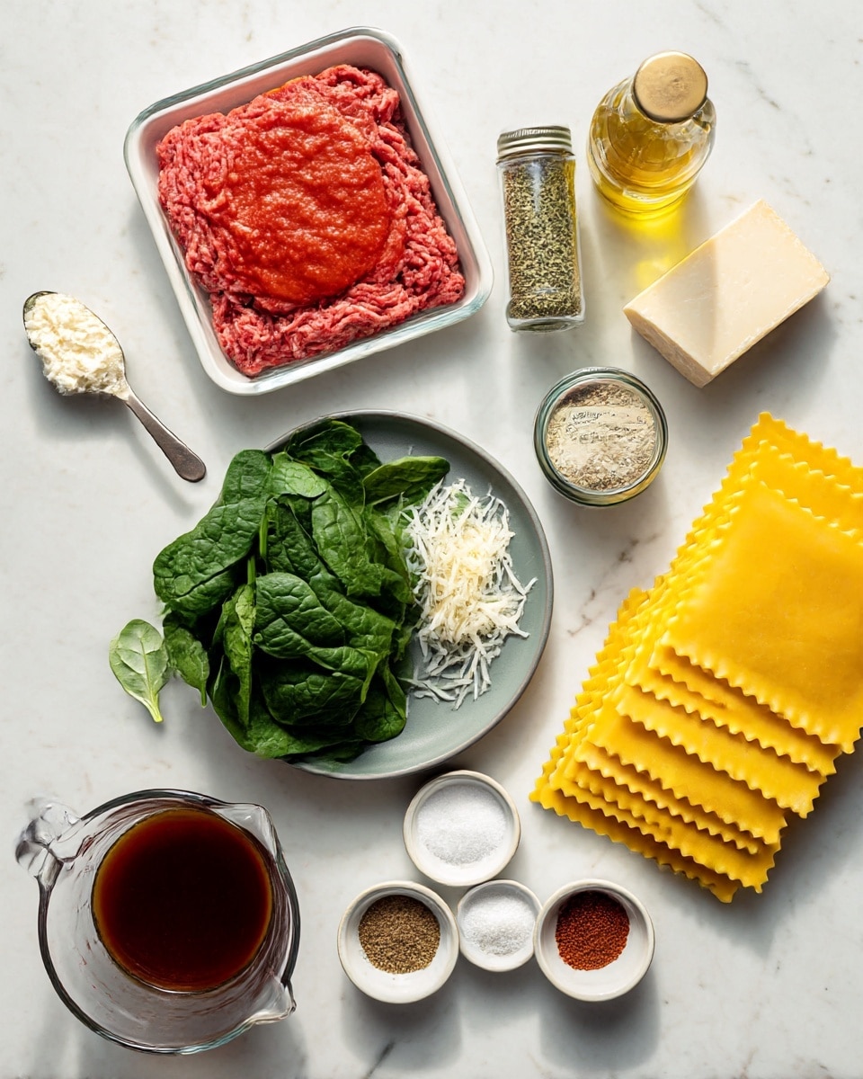 The image shows various ingredients neatly arranged on a white marbled surface. There are five layers of wavy-edged yellow lasagna sheets on the bottom right, next to a bowl filled with fresh, bright green spinach leaves. Above the bowl, a small gray plate holds a wedge of hard cheese and a spoon filled with grated white cheese, with some cheese scattered around. To the left, a clear glass container is filled with red tomato sauce with a smooth texture. Above that, a rectangular white tray holds ground red meat with visible lines and a soft texture. Near the top, three seasoning containers include a bottle of golden olive oil, a jar of Italian seasoning with green herbs, and a jar labeled garlic powder with a beige fine texture. Between the seasoning jars are small bowls of coarse black pepper and white salt next to a tablespoon of red powder. At the bottom left corner is a clear measuring cup filled with dark brown liquid. photo taken with an iphone --ar 4:5 --v 7