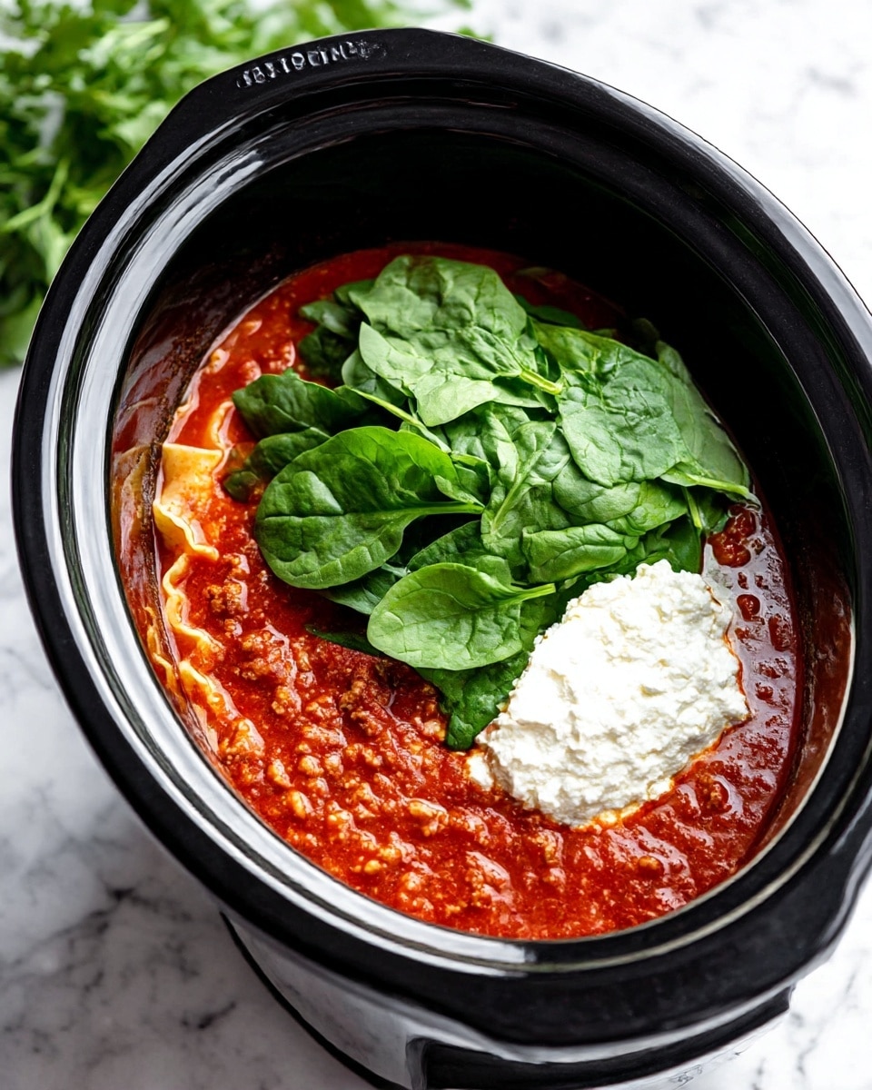 A black slow cooker holds a rich red tomato sauce with visible small bits of ground meat and lasagna noodles partly submerged at the bottom left side. On top of the sauce, in the right half of the cooker, is a layer of fresh bright green spinach leaves. Nestled in the middle of the sauce and spinach is a dollop of white, soft ricotta cheese with a slightly grainy texture. The cooker is set on a white marbled surface, and green herb leaves can be seen blurred in the background. photo taken with an iphone --ar 4:5 --v 7