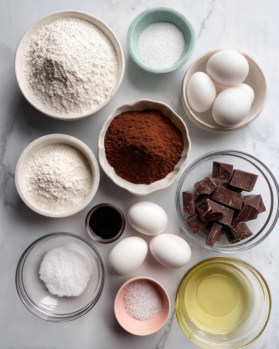 The image shows several small white bowls and clear glass bowls arranged on a white marbled surface, each containing different baking ingredients. At the top, there is a white bowl filled with white flour, next to it is a white bowl with white sugar. Below them, a clear glass bowl holds brown cocoa powder, and next to it a bowl with white powdered sugar. Another clear glass bowl holds chopped chocolate pieces. There are two whole white eggs placed on the surface near a small cup of dark vanilla extract, a small bowl with fine salt, a pinkish small bowl filled with water, and a clear bowl with light yellow oil. All ingredients are neatly arranged and labeled clearly. Photo taken with an iphone --ar 4:5 --v 7