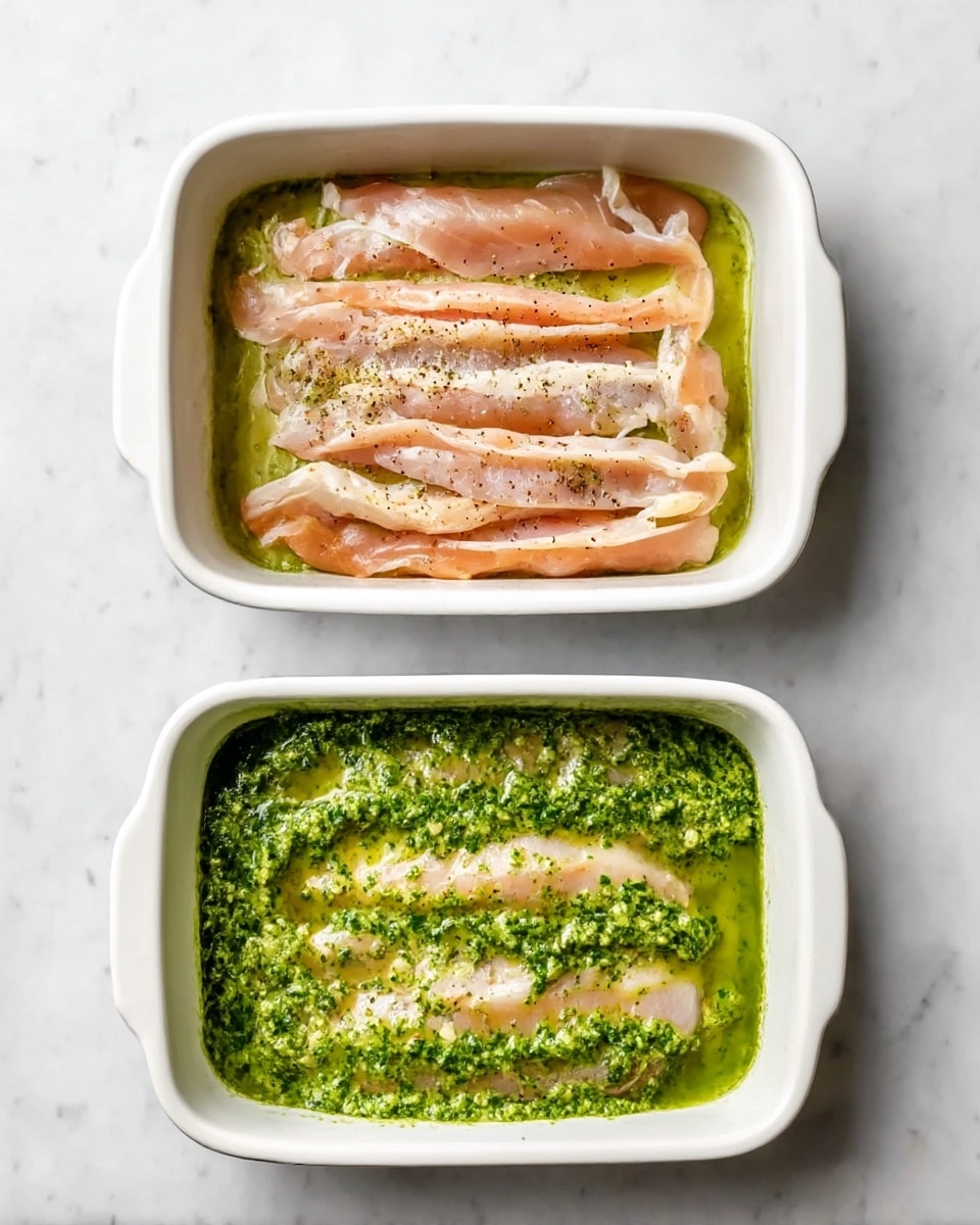 The image shows three white small baking dishes, each with different stages of a layered dish on a white marbled surface. The first dish contains a smooth, bright green pesto spread evenly on the bottom, with visible small bits of herbs giving it a textured look. The second dish shows raw, thin strips of pink chicken placed closely side by side over the green pesto layer, with some black pepper sprinkled on top. The third dish has the chicken cooked to a light brown with the edges slightly golden, now covered with a vibrant green pesto sauce spread evenly over the top, giving a fresh and shiny finish. Photo taken with an iphone --ar 4:5 --v 7