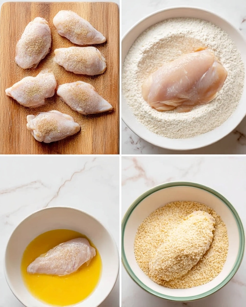 The image shows four sections of preparing chicken. The top left section has five raw, lightly seasoned chicken pieces placed on a wooden board. The top right section shows one chicken piece resting on white flour inside a white bowl. The bottom left section displays one chicken piece dipped in a bowl of beaten yellow egg mixture. The bottom right section features one chicken piece coated in a layer of light beige breadcrumbs inside a white bowl with a green rim. The background is a white marbled texture. photo taken with an iphone --ar 4:5 --v 7