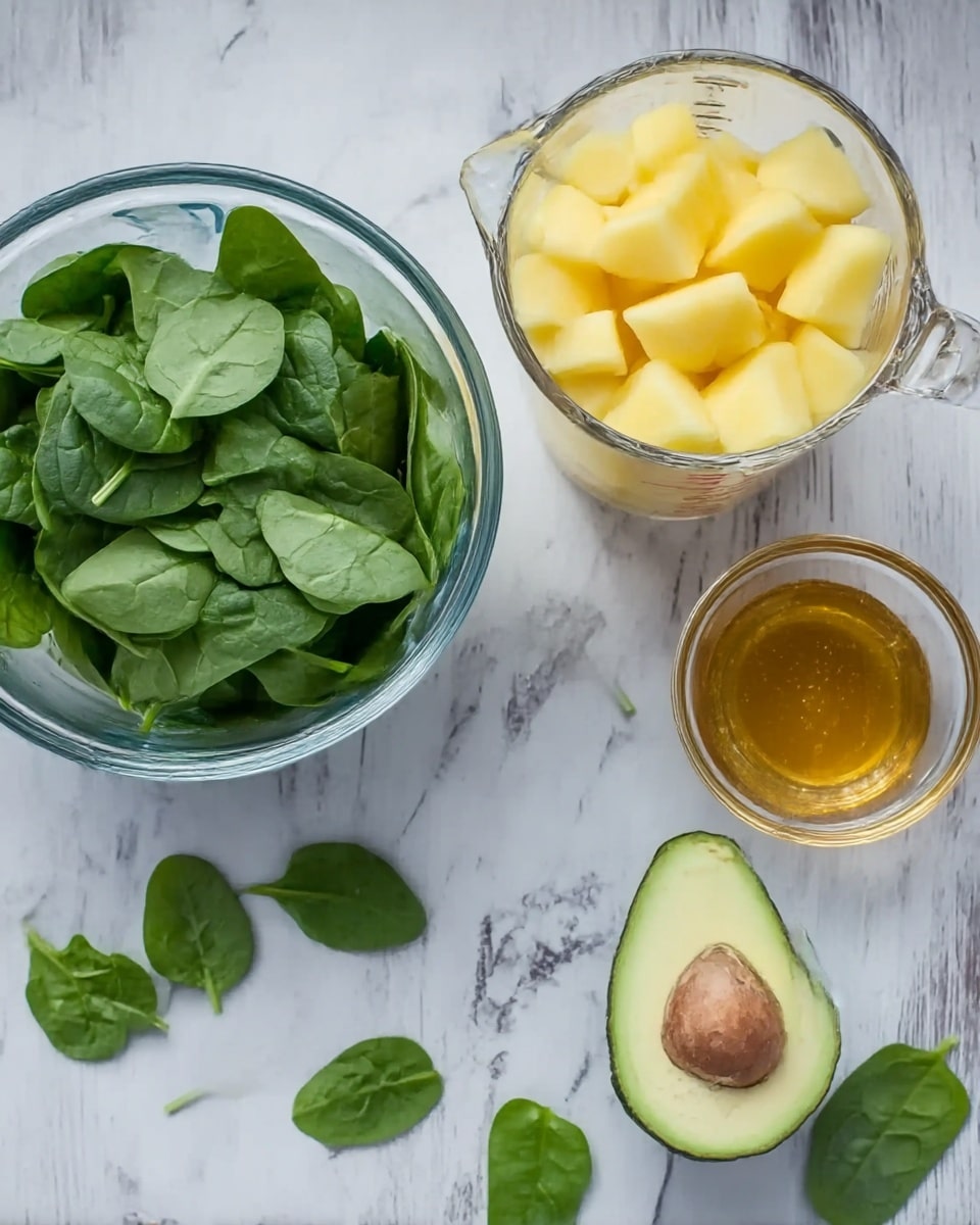 The image shows a few ingredients placed on a white marbled surface. On the left side, there is a clear glass bowl filled with fresh green spinach leaves. To the right of the spinach bowl, there is a clear measuring cup filled with yellow pineapple chunks. Below the pineapple cup, there is half a ripe avocado with a visible brown seed, placed cut side up. Near the avocado, a small, clear glass bowl contains a small amount of golden liquid, likely honey or syrup. Some loose spinach leaves are scattered around the ingredients, adding a natural touch. Photo taken with an iphone --ar 4:5 --v 7