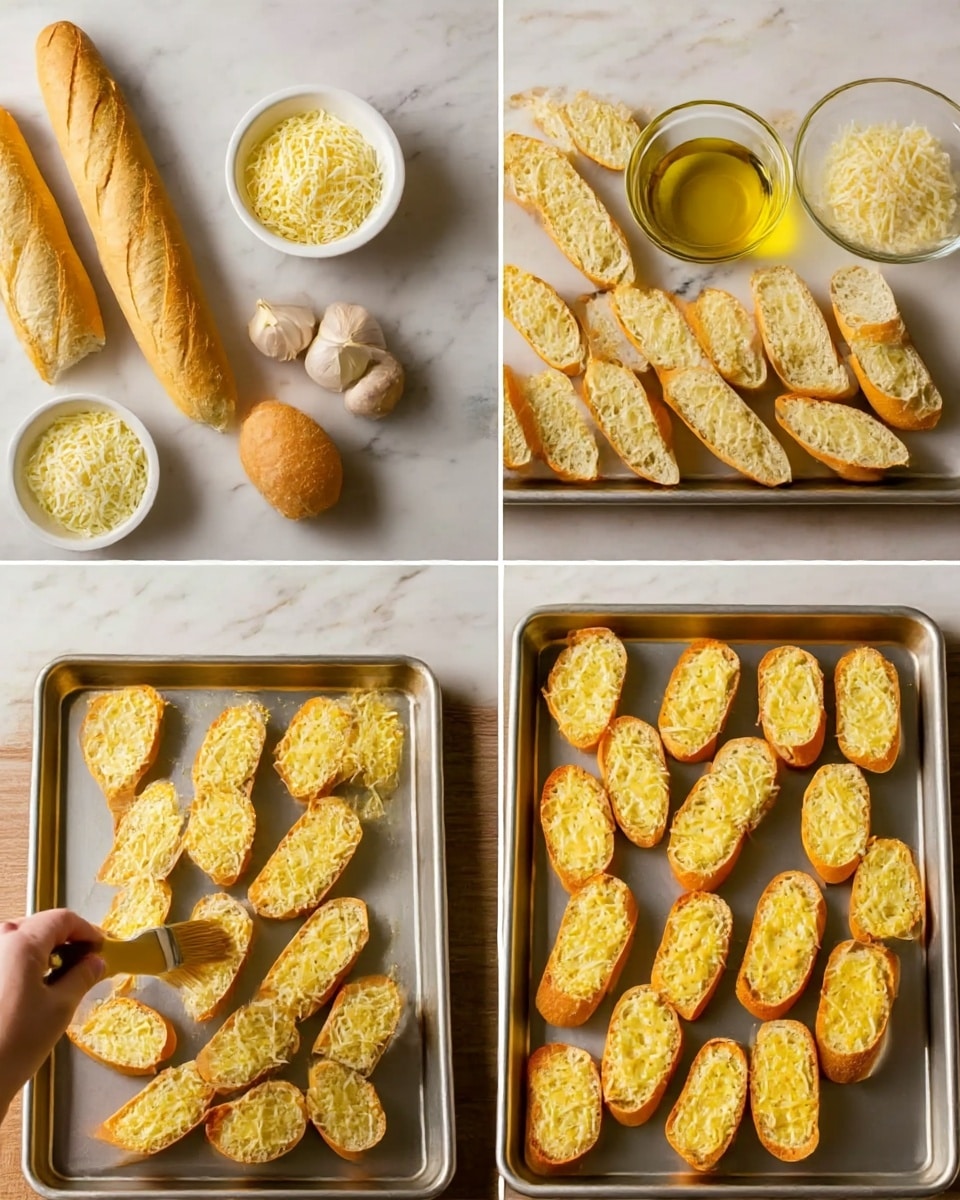 The image shows a series of four photos arranged in a grid, each illustrating the steps to make garlic bread on a white marbled surface. The first photo displays the ingredients: a whole baguette and a smaller bread, a small white bowl of shredded cheese, a glass bowl of olive oil, and a clove of garlic. The second photo shows many slices of the baguette lined up on a shiny metal tray, brushed with olive oil by a woman's hand holding a brush. The third photo has the same tray with the bread slices now topped with a layer of shredded cheese, giving a yellow and white textured look. The last photo shows the bread slices toasted to a golden brown with the cheese slightly melted and bubbly on top, arranged neatly on the tray photo taken with an iphone --ar 4:5 --v 7