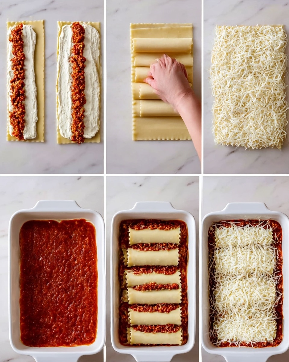The image shows a step-by-step view of making stuffed pasta rolls arranged in six parts. In the first part, long pasta strips are laid out on a white marbled surface, each strip spread with a white creamy layer and a line of red sauce with meat on top. The second part shows a woman's hand starting to roll the pasta strips from one end. The third part displays a white rectangular dish with a thin layer of red meat sauce spread evenly on the bottom. The fourth part places the rolled pasta pieces side by side in the dish, showing neat edges with crimped seams. The fifth part shows the same dish with the rolls covered generously in red meat sauce. The last part has a final layer of shredded white cheese spread thickly over the meat sauce, ready for baking. photo taken with an iphone --ar 4:5 --v 7