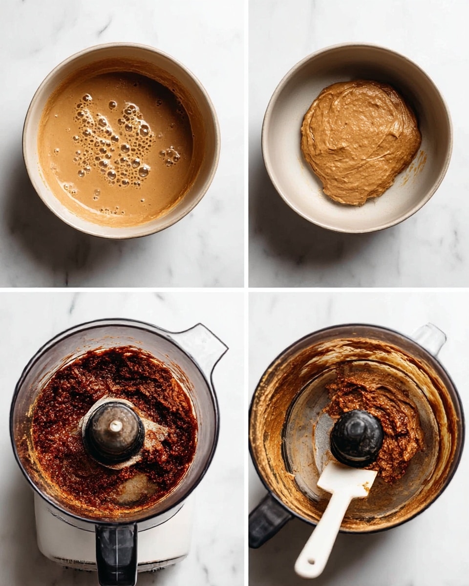 The image shows four square photos of mixing bowls and a food processor on a white marbled surface. The top left bowl has a smooth, light brown batter with some bubbles on top. The top right bowl contains a thicker, more solid light brown dough evenly spread around the inside. The bottom left photo shows a food processor with a dark reddish-brown chunky mixture with some liquid around the edges. The bottom right bowl has the light brown dough on the sides with the dark reddish chunky mixture in the center and a white spatula resting on the side. photo taken with an iphone --ar 4:5 --v 7