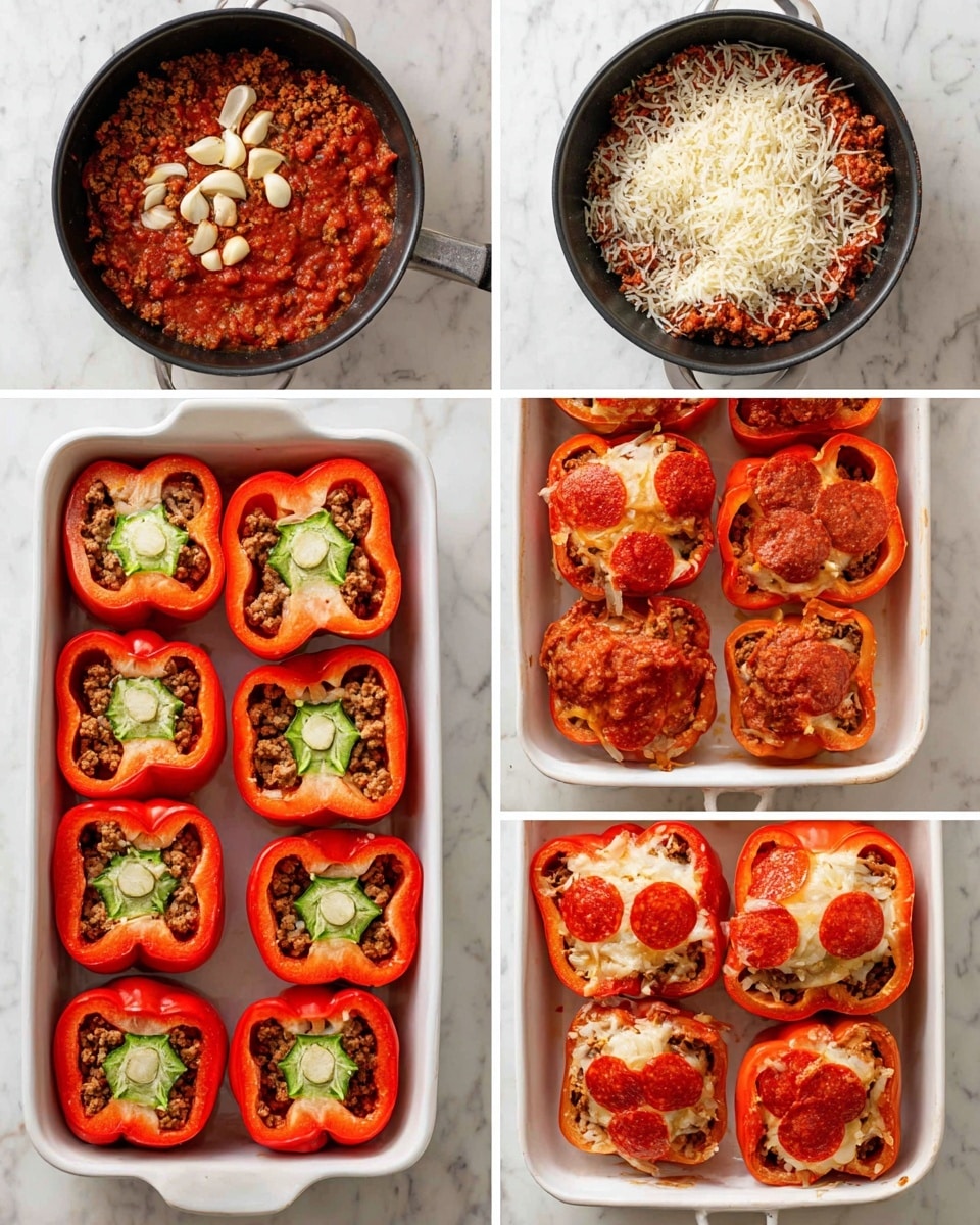 The image shows six steps of making stuffed bell peppers. Step 1 displays cooked ground meat with diced onions and two garlic cloves in a black pan. Step 2 adds red sauce, shredded white cheese, grated parmesan, and spices on top of the cooked meat in the same pan. Step 3 shows the mixture stirred together, appearing thick and reddish with small chunks of meat and onions along with whole garlic cloves. Step 4 features eight halved red bell peppers with green stems, hollow inside, neatly placed in a white baking dish on a white marbled surface. Step 5 reveals the bell pepper halves filled with the meat mixture, and topped with shredded cheese and small round pepperoni slices. Step 6 shows the bell peppers baked, with melted golden cheese and browned pepperoni pieces on top, the peppers slightly softened but still vibrant red, all in the white baking dish on the white marbled background. Photo taken with an iphone --ar 4:5 --v 7