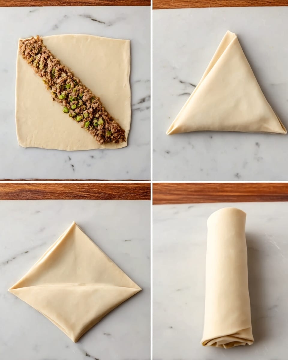 The image shows four steps of folding a square dough sheet filled with cooked ground meat and small green vegetable pieces. In the first step, the dough is flat on a white marbled surface with a thick line of meat filling spread along one diagonal in the center. The second shows the square dough folded into a triangle, hiding the filling inside. The third frame shows the two corner edges of the triangle folded inward over the filling, making a diamond shape. The last image shows the dough rolled tightly from the bottom corner up to form a smooth, closed tube, all on the same white marbled surface. Photo taken with an iphone --ar 4:5 --v 7