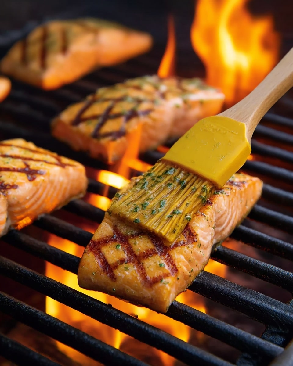The image shows several pieces of pinkish-orange salmon fillets with dark grill marks placed on black metal grill grates. One fillet is being brushed with a yellow silicone brush attached to a wooden handle, applying a herb-flavored glaze. Bright orange flames are visible in the background, rising between the grill grates, adding warmth and action to the scene. The overall setting is a close-up view focusing on the salmon and the brushing process. photo taken with an iphone --ar 4:5 --v 7