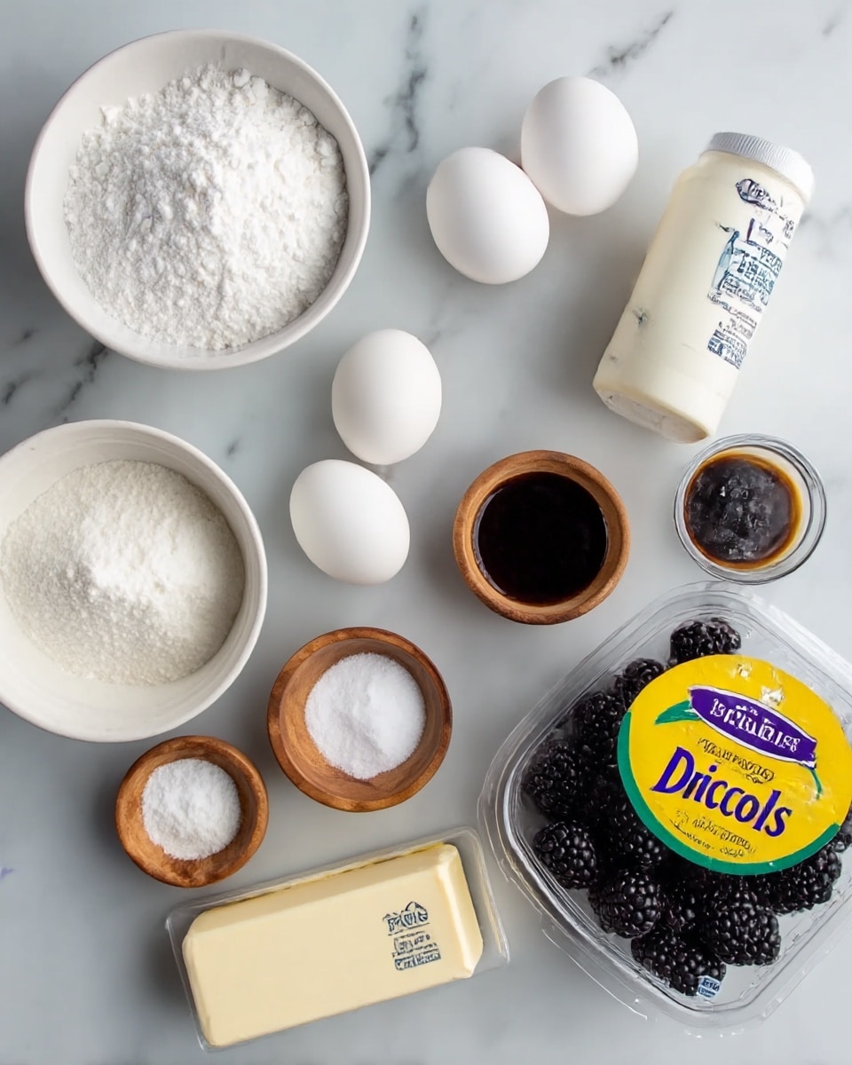The image shows ingredients laid out on a white marbled surface, including a white bowl filled with white powdered sugar, a white bowl with granulated white sugar, three white eggs, a container of white yogurt, a small white bowl with dark brown vanilla extract, a cream-colored stick of butter, three small wooden bowls containing salt, baking soda, and another white powder, and a clear container of blackberries with a yellow and green Driscolls label. The items are arranged neatly with clear textures visible like the smooth eggs, creamy yogurt lid, and shiny blackberries. Photo taken with an iphone --ar 4:5 --v 7