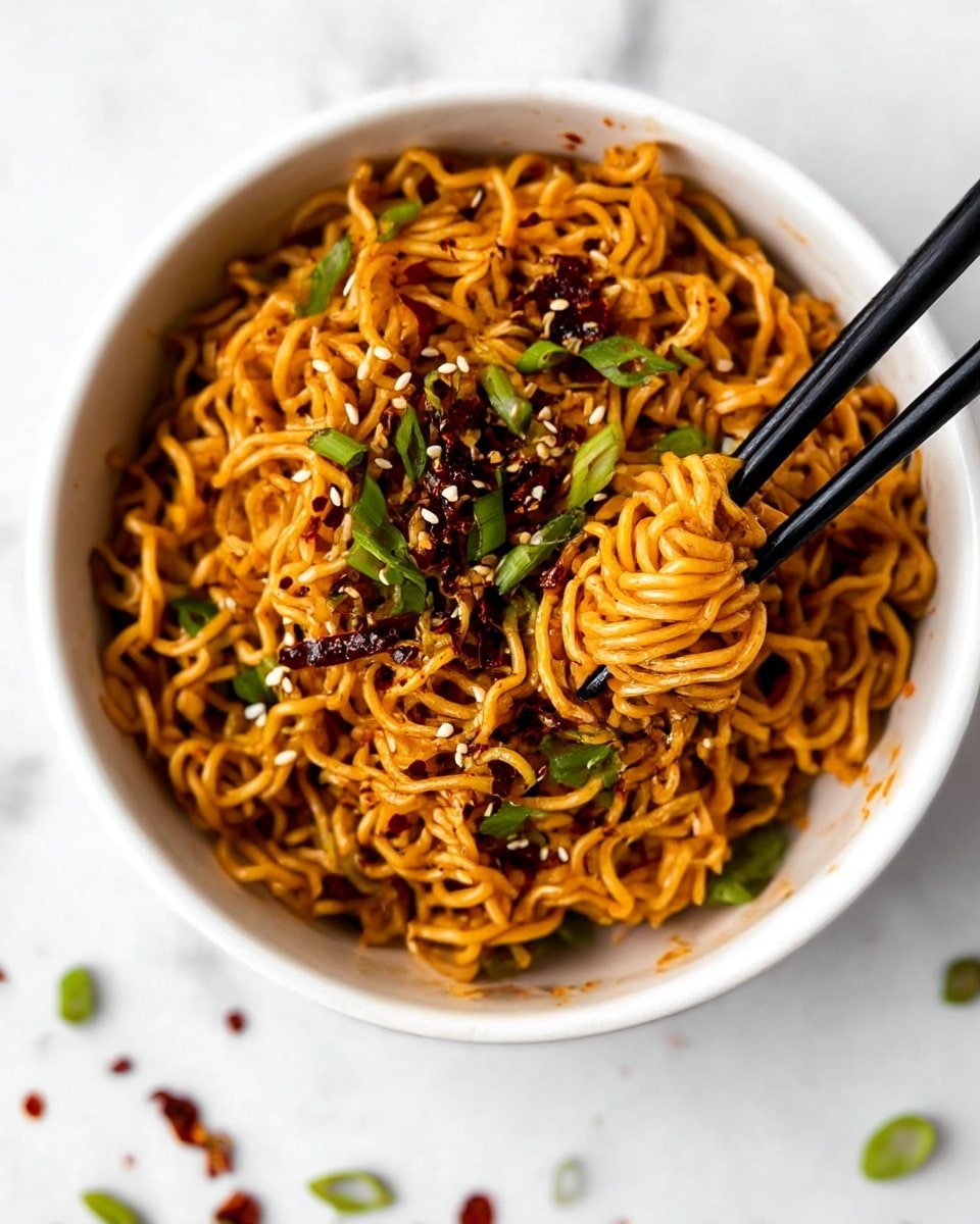 A white bowl filled with orange-brown noodles mixed with dark red chili flakes, small white sesame seeds, and chopped green onions scattered on top. The noodles are slightly glossy and tangled, with a pair of black chopsticks holding a small twisted bundle of noodles resting inside the bowl near the edge. The bowl sits on a white marbled surface, with a few small flecks of green and red around it. Photo taken with an iphone --ar 4:5 --v 7