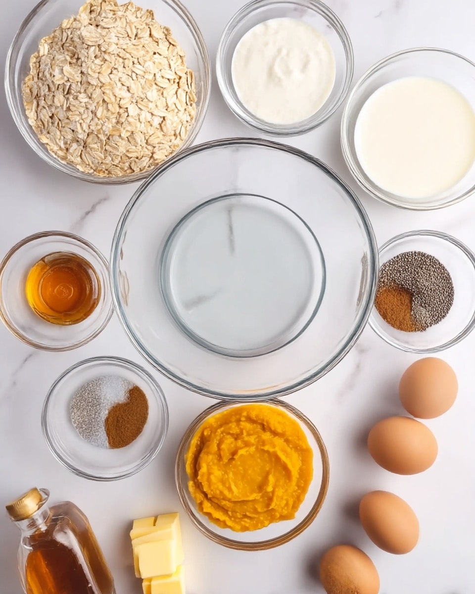 A top-down view shows a clear large glass mixing bowl placed at the center on a white marbled surface. Surrounding the bowl are smaller clear glass bowls holding different ingredients: rolled oats with a light beige texture at the top left, a creamy white liquid at the top right, white yogurt at the left, finely ground chia seeds in a grayish-black color next to the creamy liquid, a small serving of amber honey near the chia seeds, two whole brown eggs on the bottom right side, and a smooth orange pumpkin puree in a small bowl at the bottom center. Additional small glass dishes hold light brown cinnamon powder and dark brown nutmeg powder along the left, and small yellow butter cubes nearby, with a glass bottle of maple syrup at the bottom left. The image is bright and clear, photo taken with an iphone --ar 4:5 --v 7
