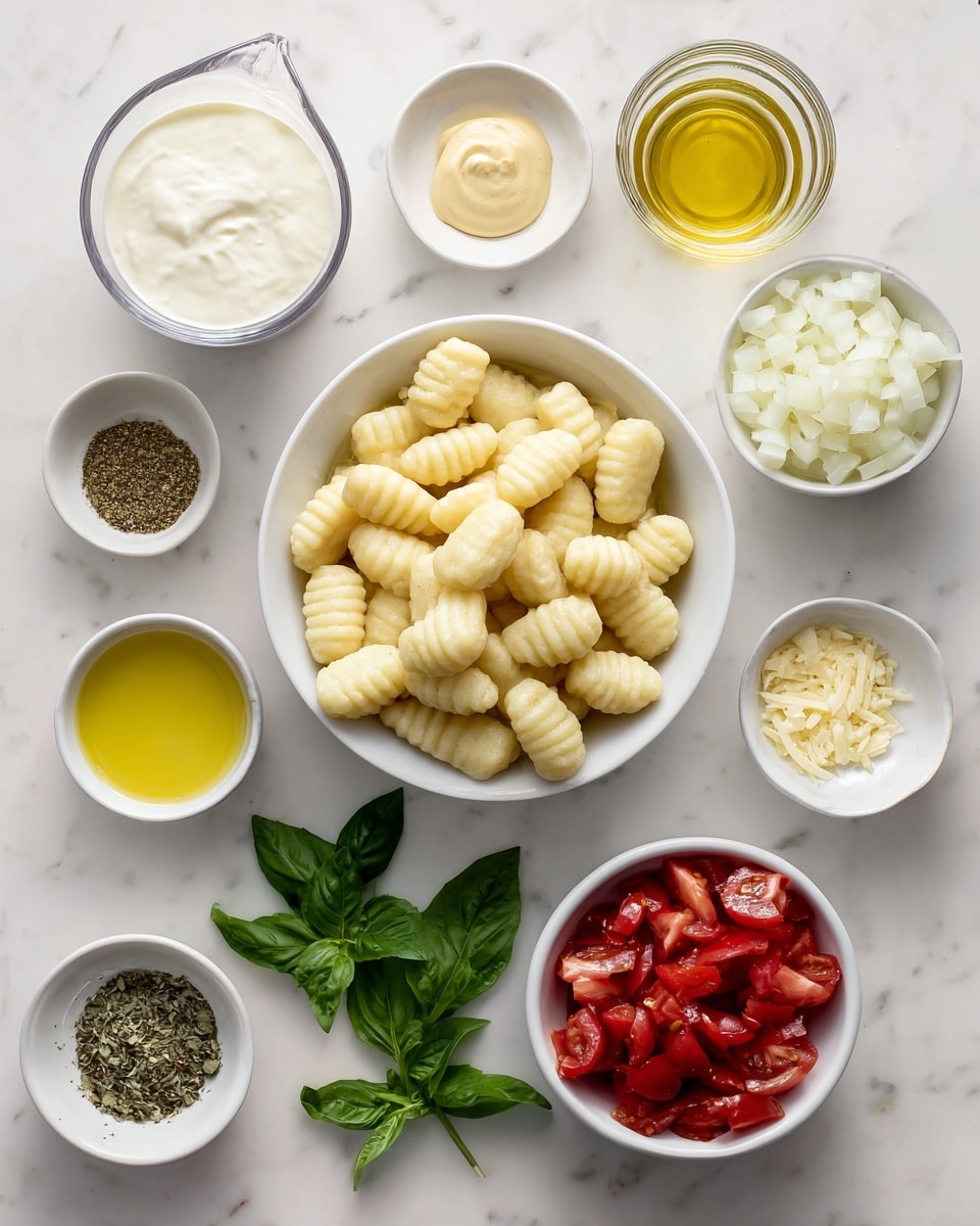 The image shows several ingredients neatly arranged on a white marbled surface. In the center, there is a white bowl filled with pale yellow gnocchi, soft and pillow-like with ridged lines on each piece. To the top left of the gnocchi is a clear measuring cup holding thick, white heavy cream. Below that is a small white dish with golden olive oil. Just beneath the olive oil is a small white bowl with a dollop of smooth, pale yellow dijon mustard. Next to the mustard, another small white bowl holds a mix of dried Italian seasoning, dark green and brown in color. Below the seasoning is a small white dish of minced garlic, light yellow and finely chopped. To the bottom center are fresh green basil leaves scattered loosely. At the top right, a white bowl contains diced white onion pieces. Next to the onion is an opened can showing red diced tomatoes with some juice visible. Below the tomatoes is a clear measuring cup with pale, almost clear white wine. The whole arrangement is clean and well-lit, emphasizing the fresh and varied textures of the ingredients photo taken with an iphone --ar 4:5 --v 7