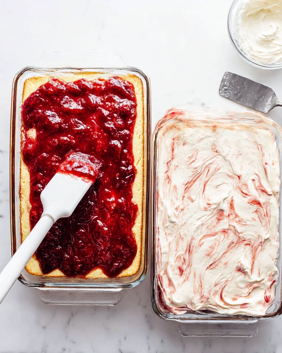 The image shows two clear rectangular glass baking dishes side by side on a white marbled surface. The dish on the left has a thick base layer of golden cake topped with a thick, shiny red fruit sauce being spread by a white spatula. The sauce has a glossy, slightly chunky texture and deep red color with lighter red highlights. The dish on the right displays a similar cake base covered with a thick, even layer of creamy white topping with light swirly patterns and some hints of the red sauce peeking through underneath. A metal spatula and a small glass bowl with white cream can be seen near the right dish. Photo taken with an iphone --ar 4:5 --v 7