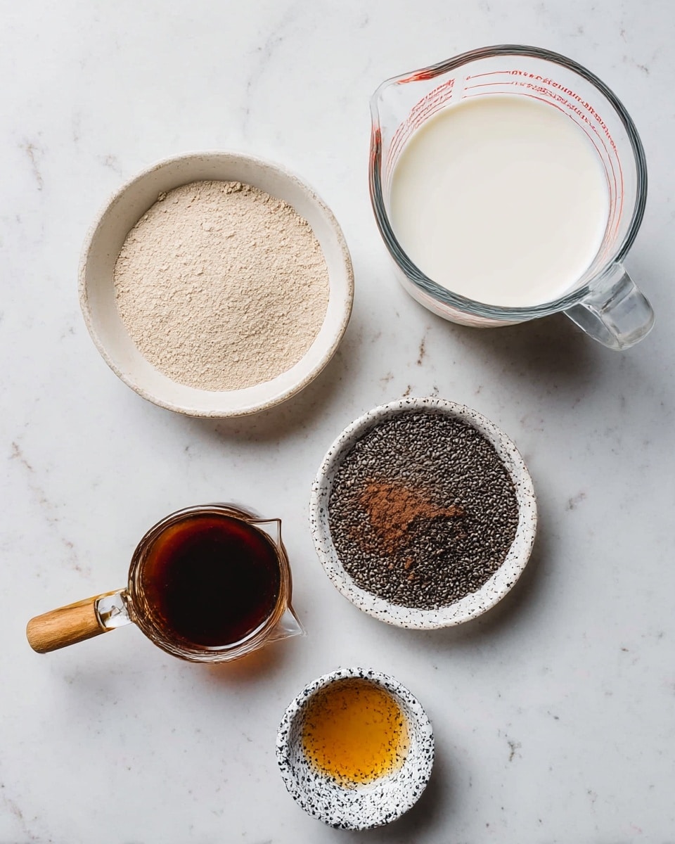 The image shows six small containers with different ingredients on a white marbled surface. The top right has a clear glass measuring cup filled with white liquid. To the left is a small white bowl with light beige powder. Below that is a round white bowl filled with tiny black chia seeds. On the middle right side, there is a small white bowl containing dark brown powder. At the bottom right, a tiny white and black speckled bowl holds a small amount of golden liquid. On the bottom left is a small clear glass measuring cup with a wooden handle, filled with dark brown syrupy liquid. photo taken with an iphone --ar 4:5 --v 7