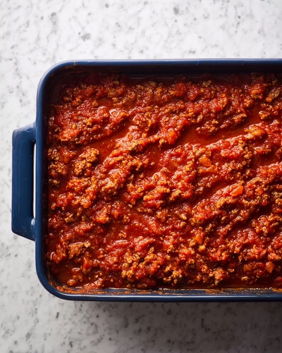A close-up top view of a rectangular dark blue baking dish filled with one thick layer of chunky red tomato sauce mixed with ground meat, spread evenly to cover the entire dish. The background is a white marbled texture. photo taken with an iphone --ar 4:5 --v 7