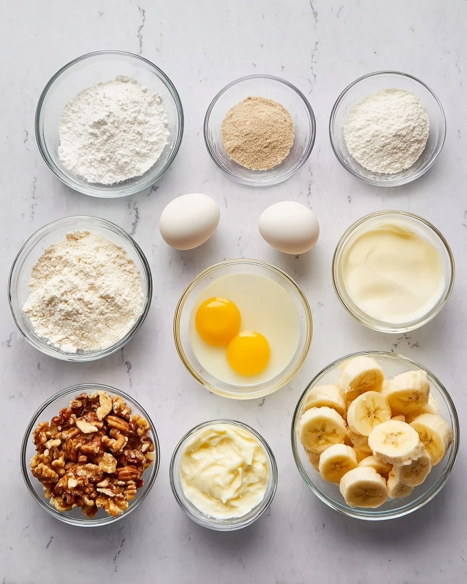 The image shows ten small clear glass bowls and two small white bowls arranged on a white marbled surface. The top row has four clear glass bowls containing white powder, a dark brown liquid, a white powder, and a fine white powder from left to right. The middle row contains a white bowl with a light yellow powder, a clear glass bowl with two raw eggs, a clear glass bowl with a white liquid mixed with yellow bits, and another clear glass bowl with a white creamy substance. The bottom row features a clear glass bowl filled with chopped nuts on the left and a white bowl full of sliced bananas on the right. The bowls are neatly spaced and all viewed from above, showing a colorful and organized layout of ingredients photo taken with an iphone --ar 4:5 --v 7