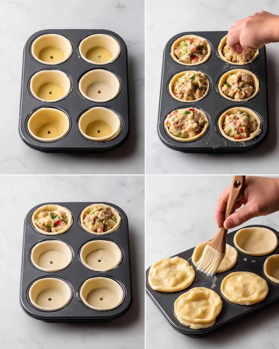A sequence of four images shows a black muffin tray with twelve white dough cups inside, placed on a white marbled surface. In the first image, the dough cups are empty with a smooth light yellow texture. The second image has a woman's hand placing chunky mixture with bits of meat and vegetables into each dough cup, filling them almost to the top. The third image shows a woman's hand brushing a light egg wash over the edges of the dough cups, giving them a glossy shine. In the last image, the dough cups are covered with another layer of dough that is sealed around the edges and brushed with egg wash, with a small hole in the middle of each cup. Photo taken with an iphone --ar 4:5 --v 7