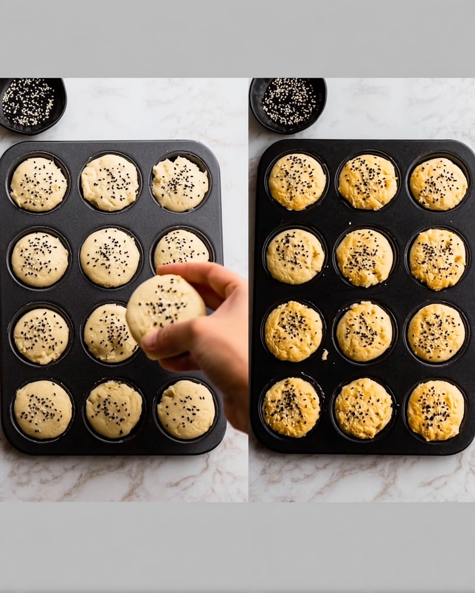 The image shows a black muffin tray holding 12 round dough pieces, each sprinkled with black seeds on top. On the left, a woman's hand is placing the last piece of raw dough into the tray, which rests on a white marbled surface. On the right, the same tray is shown after baking, where the dough pieces have turned golden brown with a slightly puffy texture and the seeds still visible. A small black bowl filled with black seeds is partially visible near the tray on the left side. photo taken with an iphone --ar 4:5 --v 7