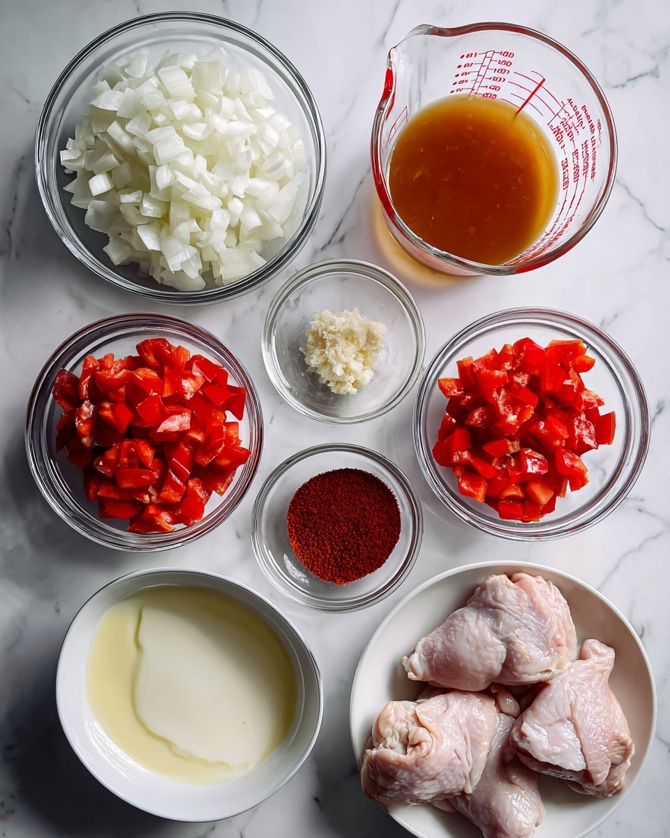 The image shows several clear glass bowls each holding different ingredients placed on a white marbled surface. Starting from the top left, there is a bowl filled with white chopped onions. To the right, a measuring cup holds light brown chicken stock with red measurement markings. Below the onions, a bowl contains bright red diced tomatoes, and next to it, there is a bowl of red chopped bell pepper. Near the bottom center, a small bowl is filled with a dark red Hungarian paprika powder. To the right of this, a tiny bowl holds finely minced garlic. On the bottom left, a bowl contains thick white sour cream, and next to it is a bowl with pale yellow vegetable oil. On the far right, a white plate holds raw chicken thighs with a light pink color and some skin showing. Each ingredient is labeled in black uppercase text on a white background. Photo taken with an iphone --ar 4:5 --v 7