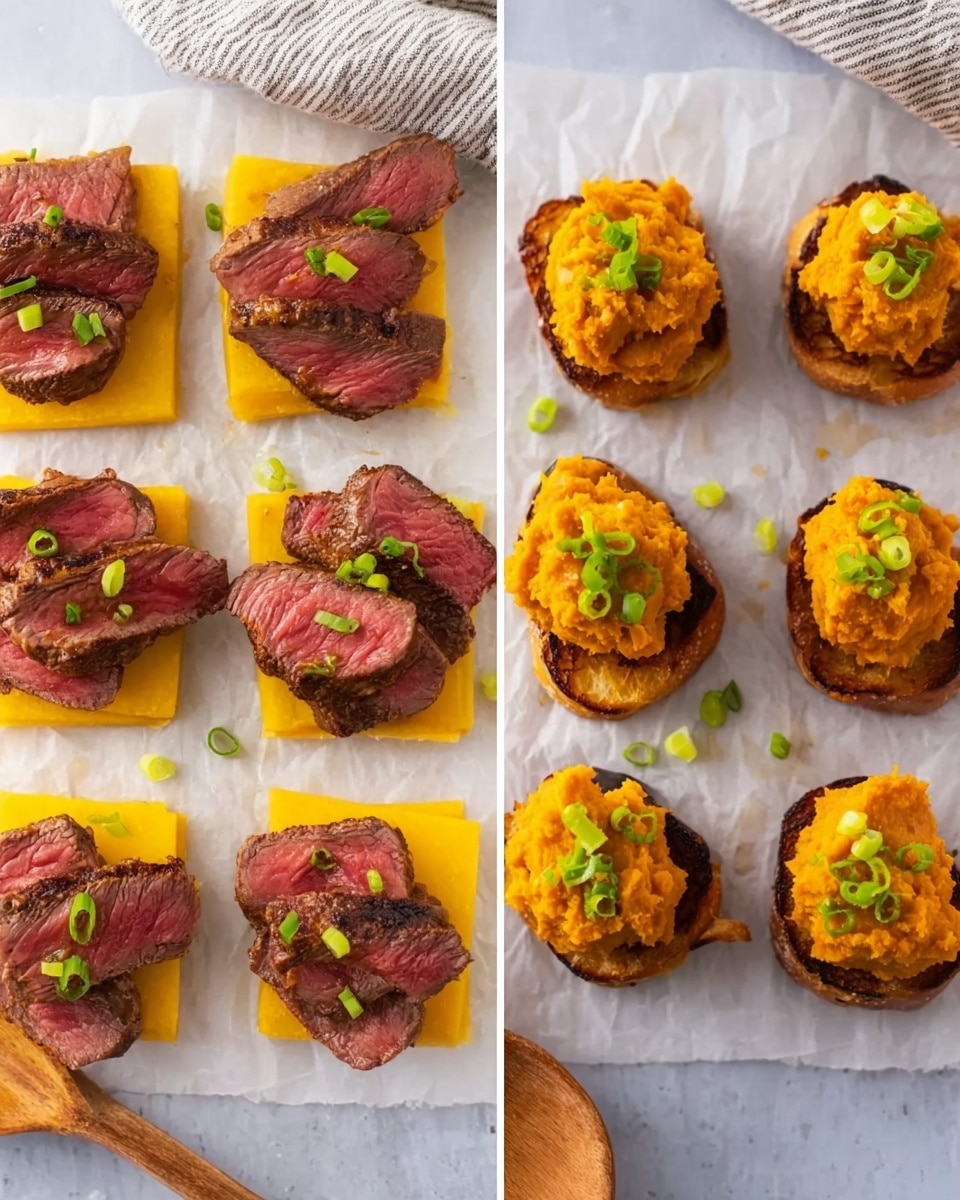 The image on the left shows six pieces arranged in two rows on a white marbled surface, each piece having two layers: the bottom layer is a square slice of bright yellow cheese with a smooth texture, and the top layer is several slices of medium-rare steak, showing pink centers with a brown crust, stacked unevenly on each cheese slice. The image on the right shows six small open-faced stacks on a white marbled surface lined with parchment paper, each stack having three layers: the bottom layer is a grilled or toasted bread piece with a golden brown crust, the middle layer is a slice of yellow cheese, and the top layer is a dollop of orange mashed sweet potato with a slightly rough texture, garnished with finely chopped green onions. A wooden spoon and a striped cloth are partially visible near the top of the image. Photo taken with an iphone --ar 4:5 --v 7