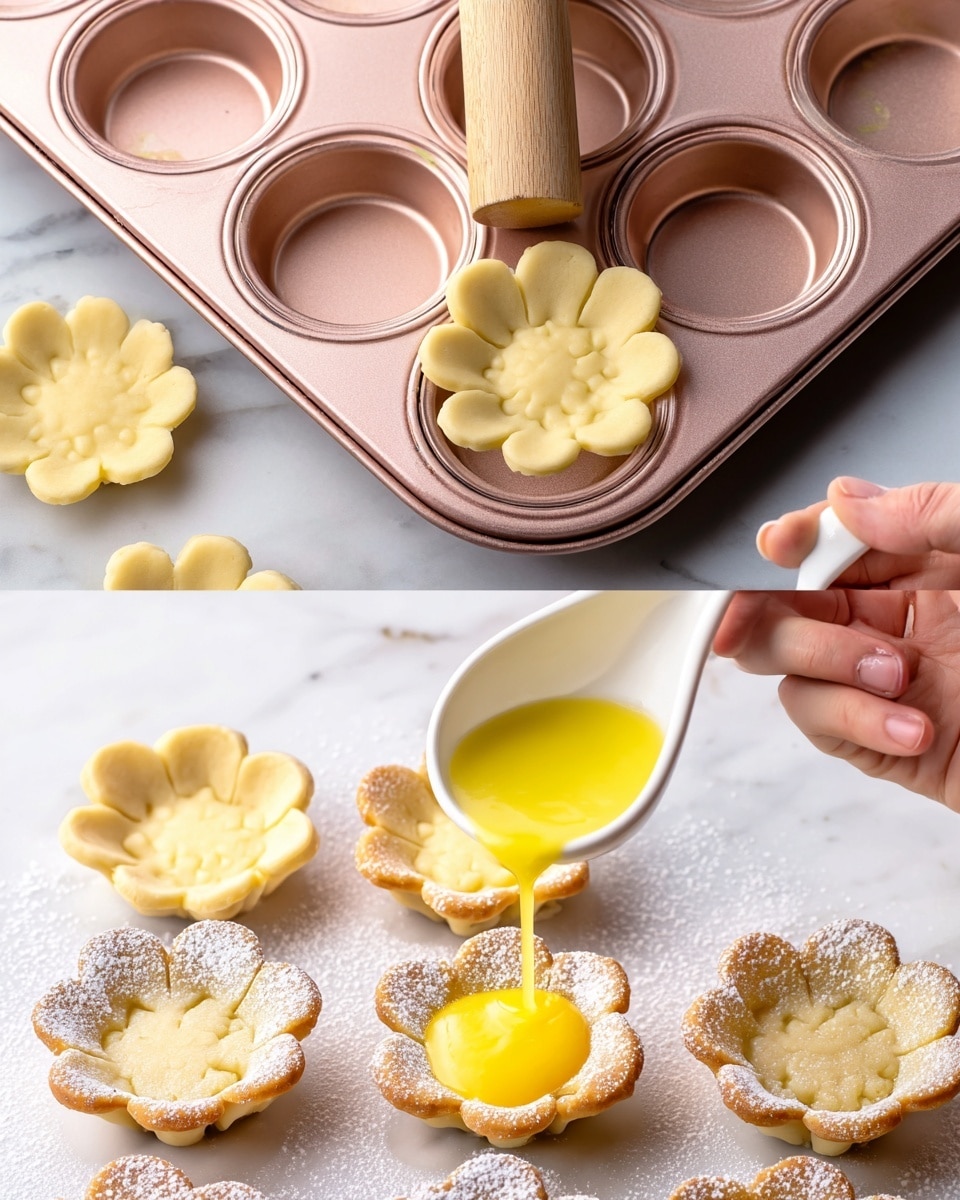 The image shows two side-by-side scenes of cookie dough preparation on a white marbled surface. On the left, light yellow cookie dough is rolled flat with multiple flower shapes cut out, a silver flower cookie cutter rests near a partially cut flower shape. On the right, a woman's hand with lavender nail polish presses a wooden dowel into a flower-shaped piece of dough placed in one round cup of a white muffin tray, where some cups are lined with dough and others are empty. The dough has a smooth texture and soft light yellow color. photo taken with an iphone --ar 4:5 --v 7