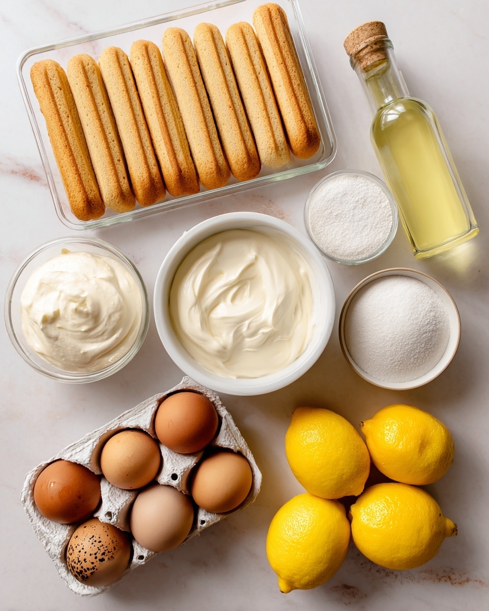 The image shows ingredients for a dessert arranged on a white marbled surface, including three clear trays of golden brown ladyfingers stacked in neat rows on the left side. To the right, there is a clear glass bottle filled with pale yellow limoncello, standing next to a round white bowl filled with fine white sugar. Below these are four bright yellow lemons grouped together. In the center, there is a white bowl full of heavy whipping cream with a smooth, creamy texture, and next to it is a smaller white container of smooth, white mascarpone cheese. At the bottom left, a carton holds ten brown eggs with speckled shells, some resting upright and others lying down. The arrangement is clean and bright. photo taken with an iphone --ar 4:5 --v 7
