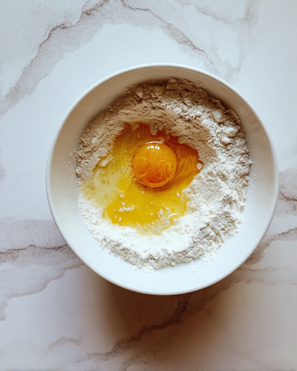 The first image shows a white bowl filled with a layer of white flour at the bottom, topped with a yellow cracked egg yolk and some watery liquid that is light beige with bubbles on top. The second image shows the same white bowl with the ingredients mixed into a thick, light beige dough with a rough texture, and a woman's hand with rings is stirring it with a white spatula, while the other woman's hand holds the bowl steady, all placed on a white marbled surface. photo taken with an iphone --ar 4:5 --v 7