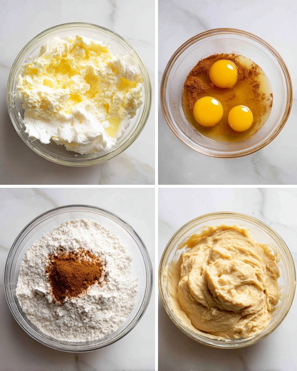 The image shows four stages of mixing a light beige batter in a clear glass bowl. In the first section, there is a large scoop of soft white cream on top of the mixture. The second section displays raw eggs and a dark liquid being poured into the bowl with other ingredients. The third section focuses on white flour with a small pile of brown spice on top, resting on the batter below. The fourth section reveals a smooth, thick batter that looks well mixed, creamy with a slightly rough texture, filling the bowl. The bowl is placed on a white marbled surface. photo taken with an iphone --ar 4:5 --v 7