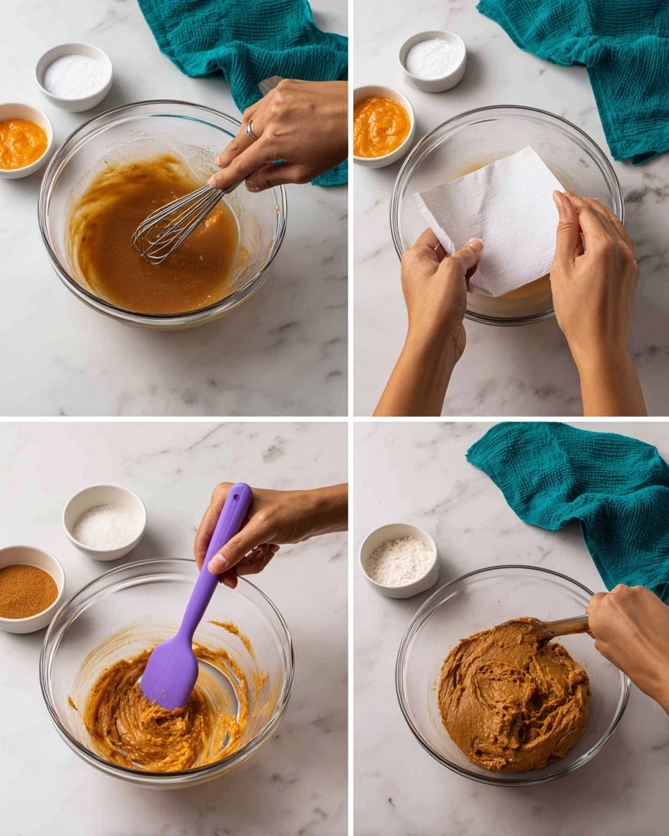 The set shows four images of a person mixing ingredients in clear glass bowls on a white marbled surface. In the first image, the person’s woman's hand holds a whisk stirring a medium brown liquid mixture in a large bowl, with small bowls of white sugar and orange puree nearby. The second image focuses on two woman's hands placing a white paper towel over a smaller white bowl containing orange puree. The third image shows the woman’s hand using a purple spatula to stir a thick orange-brown mixture in a large glass bowl. The fourth image captures the woman's hands stirring a thicker, rough-textured brown dough or batter in the same large bowl with a purple spatula. A teal cloth is partially seen in the background in all photos. Photo taken with an iphone --ar 4:5 --v 7
