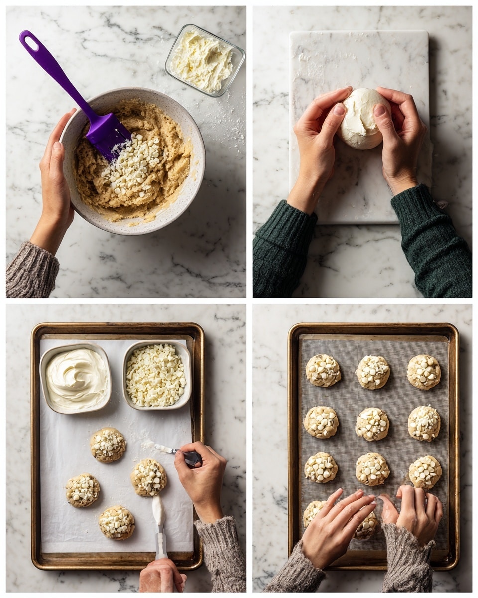 The collage shows four steps of making cookies. In the first image, a woman’s hand on the left holds a purple spatula mixing a bowl of light brown dough with white chocolate chips on a white marbled surface. In the second image, a person in a dark green long sleeve shirt is shaping a ball of the dough with a white cream filling center with both hands above a baking tray lined with parchment paper. In the third image, two woman’s hands scoop white cream dollops from a lined tray while the mixing bowl with dough and spatula sits nearby on the white marbled surface. The fourth image shows six round cookies on a baking tray, topped with white chocolate chips, and a woman’s hand placing chips on one cookie, with a small white square bowl of chips in front on the same surface. Photo taken with an iphone --ar 4:5 --v 7