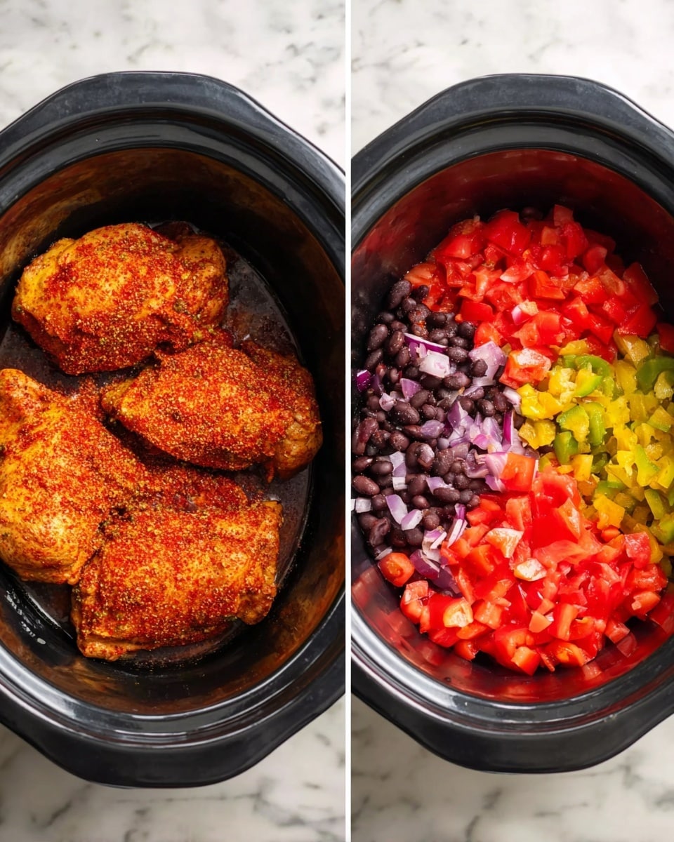 The image shows two black slow cooker pots placed side by side on a white marbled surface. The left pot holds three pieces of chicken coated in red and orange spices, creating a textured, grainy look. The right pot contains several layers: a base of dark black beans, topped with unevenly chopped red onions, a bright yellow-green layer of chopped peppers, and two separate piles of red diced tomatoes, all creating a colorful, layered contrast. Photo taken with an iphone --ar 4:5 --v 7