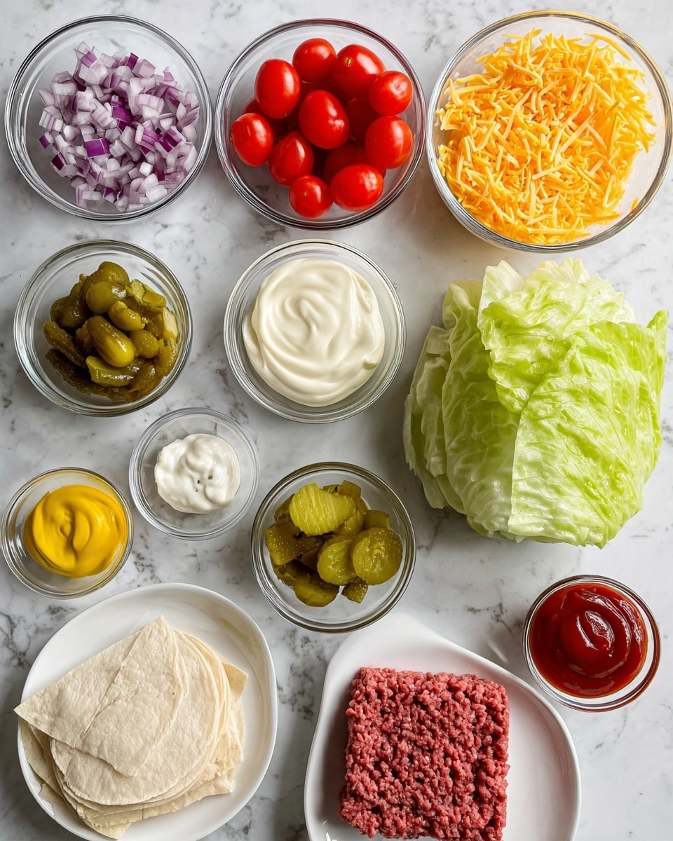 The image shows clear glass bowls and a white plate on a white marbled surface, each containing different fresh ingredients arranged neatly. Starting from the top left corner, there is a bowl with finely chopped purple shallots, next to it a bowl of small round red tomatoes, and below the tomatoes, a bowl filled with smooth white mayo. To the right, there is a large whole head of green lettuce, and near it, a clear bowl overflowing with bright orange shredded cheese. In the bottom right, there is a white plate holding a square block of raw ground beef. Near the center bottom, there are a few folded white tortillas stacked on top of each other. Other smaller glass bowls hold thin green pickle slices, yellow pickle juice, thick red ketchup, and dark Worcestershire sauce. Small white dishes contain yellow mustard and salt and pepper. The textures vary from creamy mayo and ketchup, to crunchy pickles and fresh tomatoes, all arranged clearly and brightly lit. photo taken with an iphone --ar 4:5 --v 7