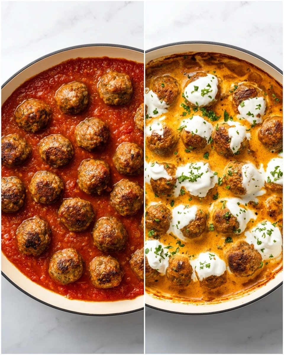 Two side-by-side images show a round white pan on a white marbled surface. The left image has a layer of red tomato sauce filling the pan, topped with a single layer of cooked, browned meatballs scattered evenly across the surface. The right image shows the same pan with a creamy orange sauce covering the meatballs, with several small dollops of white cream spread evenly on top. Small green herb pieces are sprinkled over the creamy sauce, adding a fresh touch. photo taken with an iphone --ar 4:5 --v 7