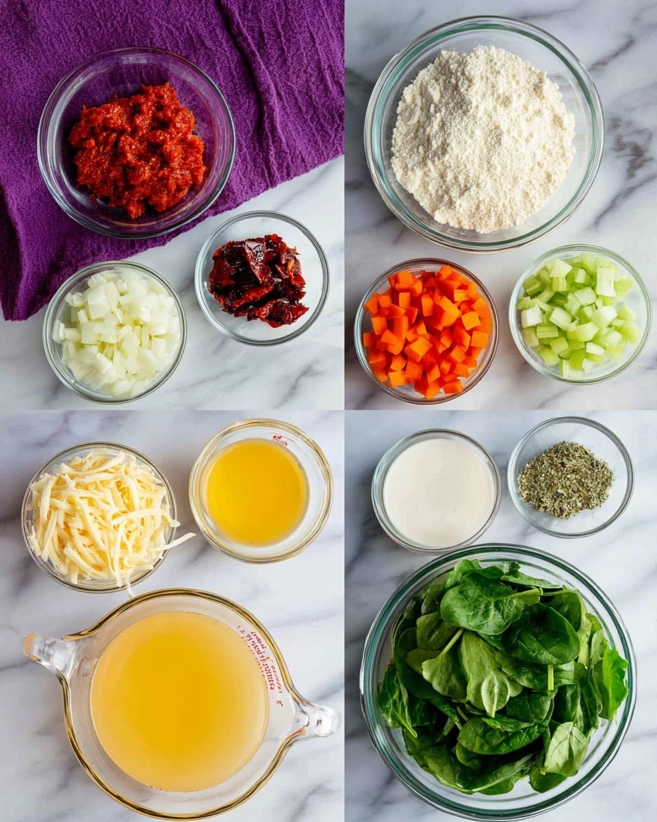The image shows a flat lay of clear glass bowls with different ingredients placed on a white marbled surface, each quadrant separated with a purple cloth in the background. The top left part shows two bowls, one with a dark red paste and the other with white flour, below them is a small white bowl containing dried herbs. The top right section holds four bowls: diced green celery, thinly sliced orange carrots, chopped white onions with minced garlic, and dark red sun-dried tomatoes. The bottom left corner displays two glass measuring cups filled with yellow and light yellow liquids. The bottom right displays a large bowl filled with fresh green spinach, with a smaller bowl of shredded pale yellow cheese, and another bowl with white creamlike liquid arranged below it. photo taken with an iphone --ar 4:5 --v 7